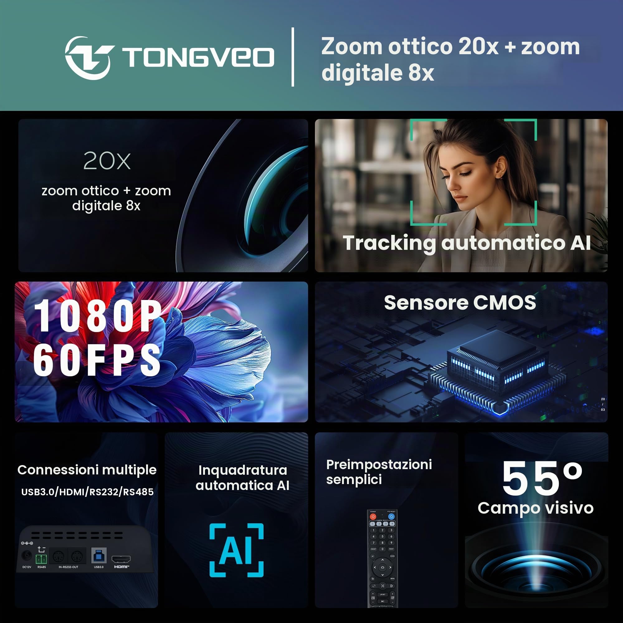 TONGVEO Telecamera PTZ per Sala Conferenze con Zoom Ottico 20X, Webcam 1080P 60fps HDMI USB per Streaming Chiesa e Videoconferenze | Compatibile con Zoom e OBS