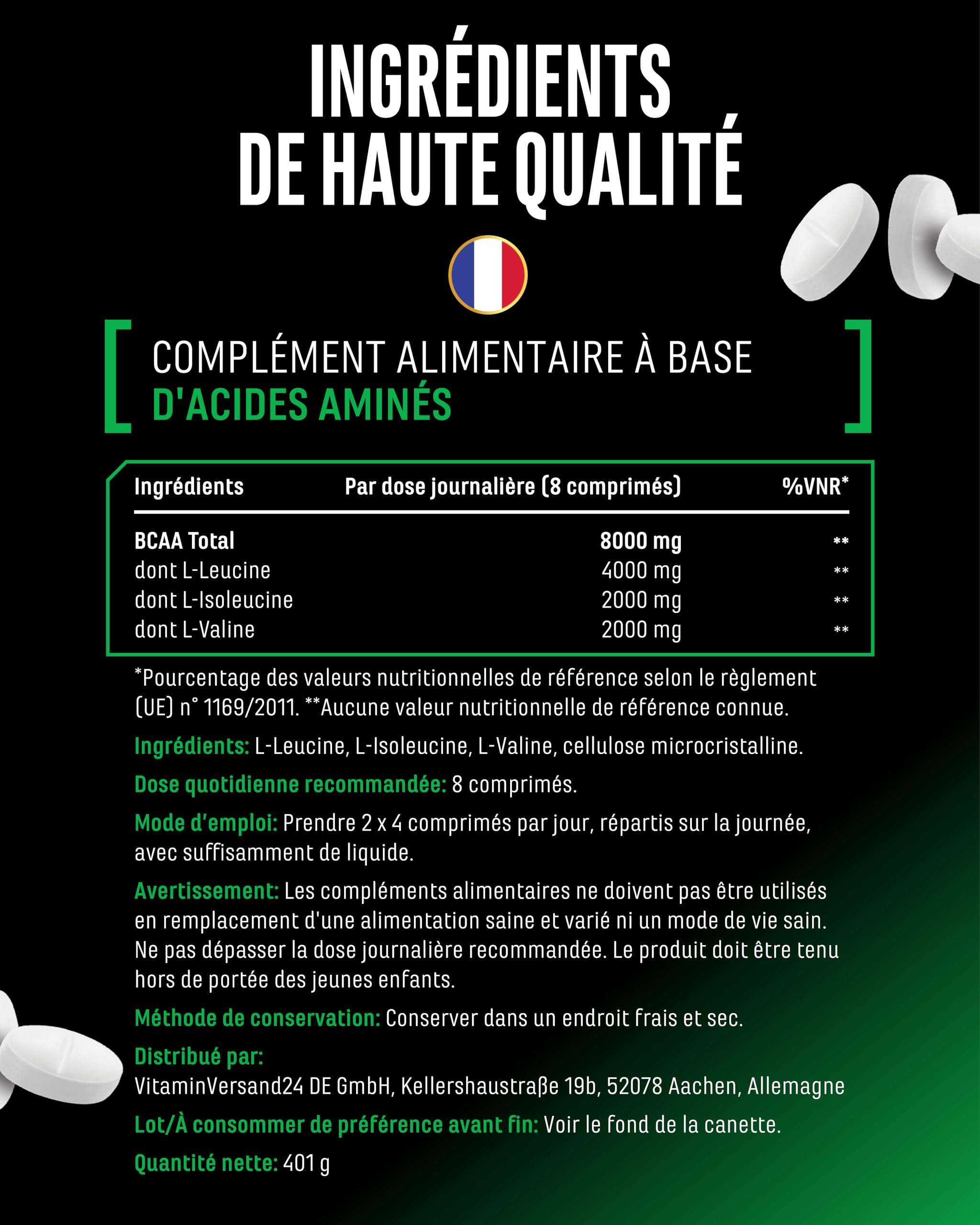 BCAA Ultra Tabs - 365 Comprimés avec 1000 mg de BCAA par Comprimé - Ratio Optimal 2:1:1 - Complexe d’Acides Aminés à Base de Leucine, Isoleucine & Valine - Vegan