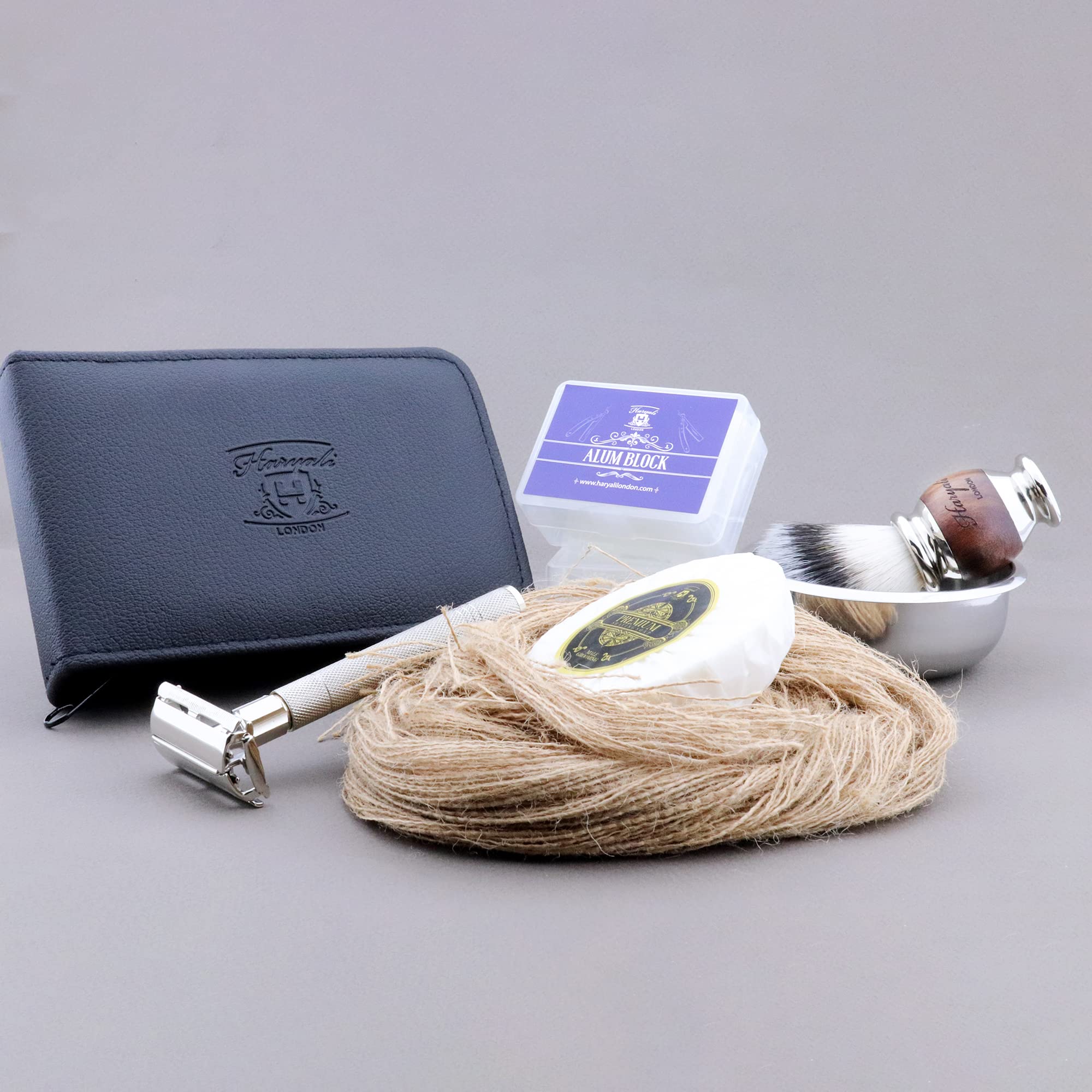 Haryali London Set da barba – Pennello da barba Vegan – Sapone da barba, ciotola da barba, pietra di allume, 6 pezzi, rasoio bagnato, da uomo e da donna, con lamette da rasoio, custodia rasoio