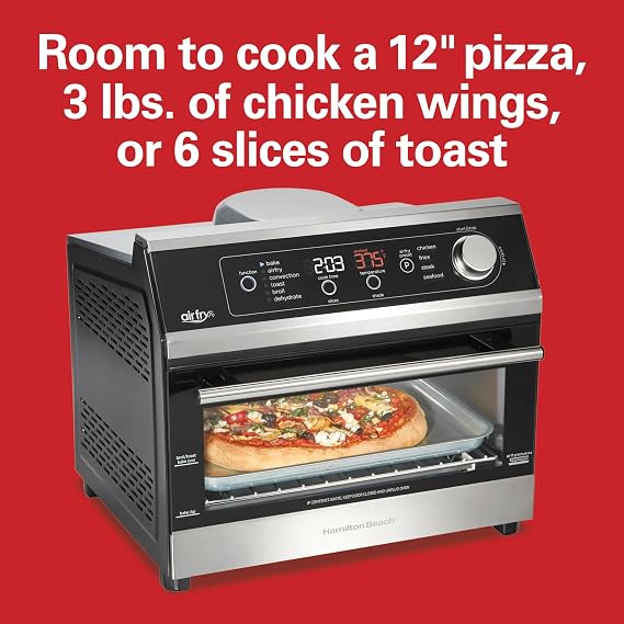 Hamilton Beach Digital Air Fryer Toaster Oven Combo, 10 Ways to Cook, 4 Preset Functions, Stay On & 1800 Watts, LED Capacitive-Touch Controls, 2 Rack Positions, Fits 12 Pizza, Black & Stainless Steel
