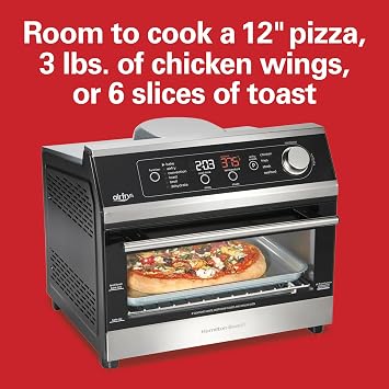 Hamilton Beach Digital Air Fryer Toaster Oven Combo, 10 Ways to Cook, 4 Preset Functions, Stay On & 1800 Watts, LED Capacitive-Touch Controls, 2 Rack Positions, Fits 12 Pizza, Black & Stainless Steel