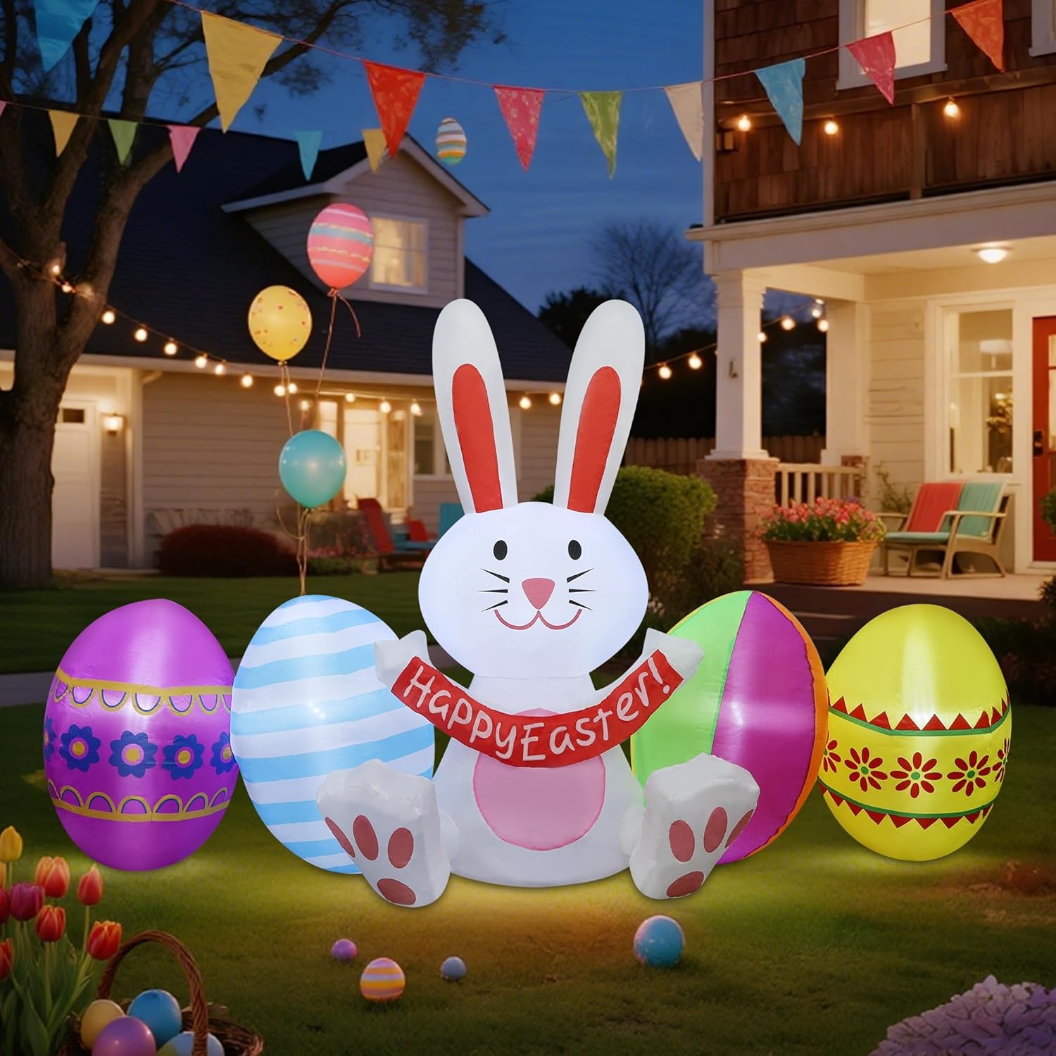 DR.DUDU Easter Inflatables Outdoor Decorations, 7 FT Long Easter Bunny with Eggs, Happy Easter Decorations, Easter Blow up Yard Decorations for Garden Lawn Holiday Party - Image 5