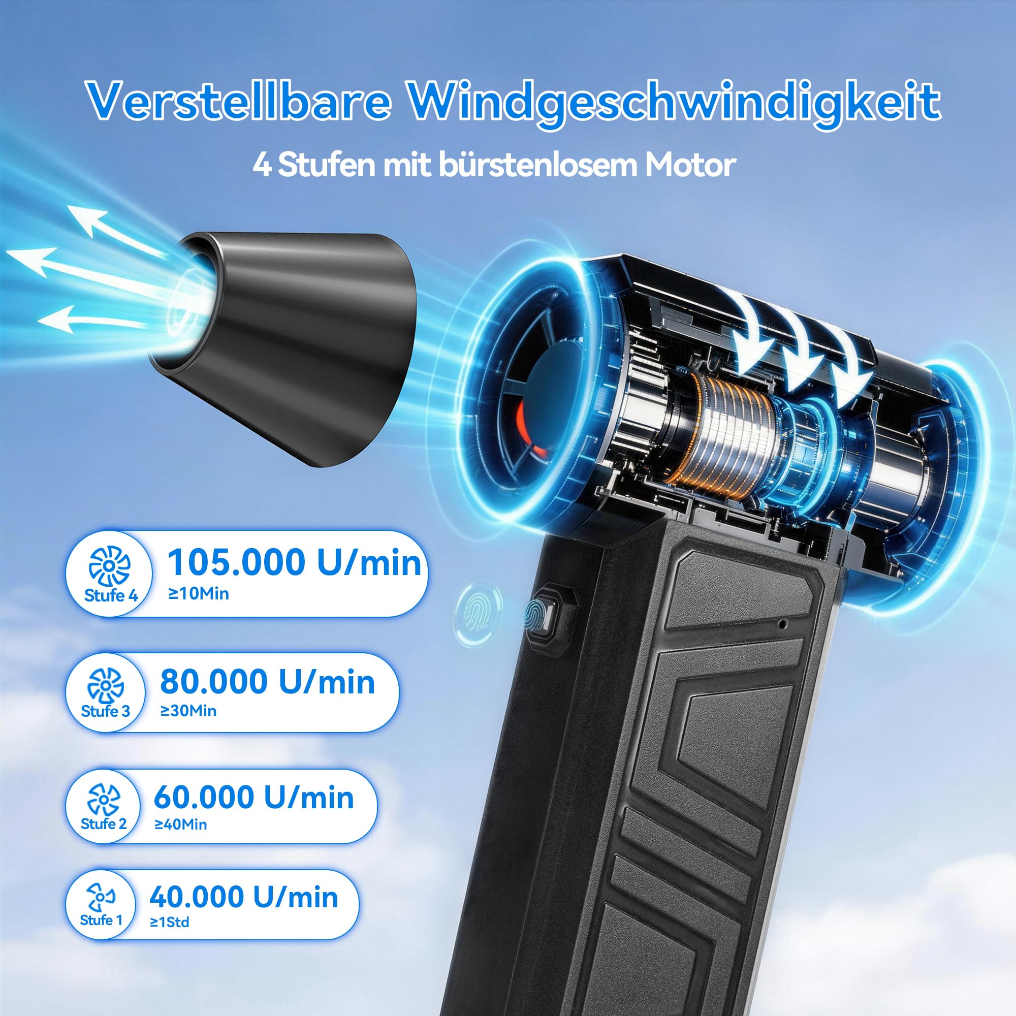 Mini soplador de batería, soplador de mano, 105000 rpm, 4 niveles, pequeño soplador de aire comprimido con luz LED, soplador de polvo eléctrico con carga rápida, inalámbrico para barbacoa, PC, teclado