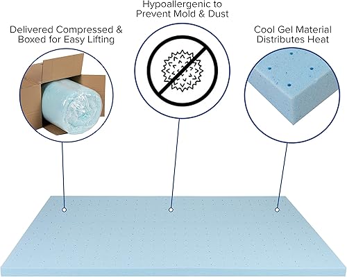 Miniatura 3 de Flash Furniture Capri Comfortable Sleep - Cubrecolchón de gel fresco de 2 pulgadas, espuma viscoelástica certificada CertiPUR-US, tamaño matrimonial