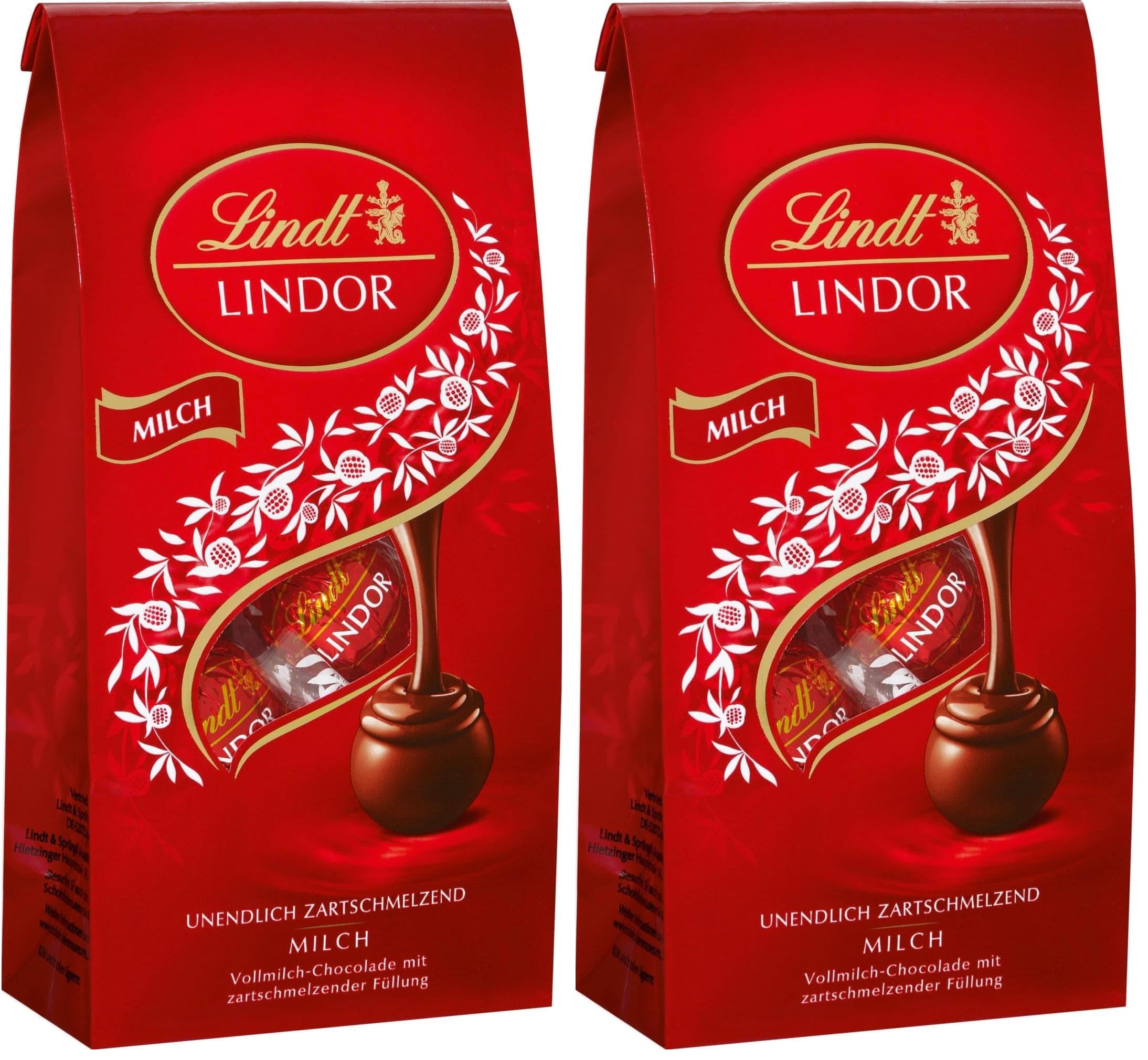Lindt Schokolade | LINDOR Beutel Milch | 137g | 10 Kugeln in Vollmilch-Schokolade mit zartschmelzender Füllung | Schokoladen-Geschenk (Packung mit 2)