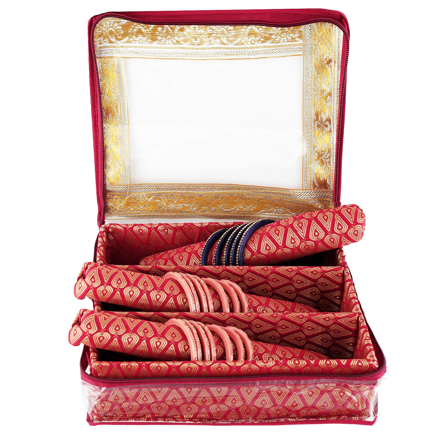 Kuber Industries Exclusive Polka Dots Design Brocade Hardboard Three Rod Bangle Box (Pink) -CTLTC38842