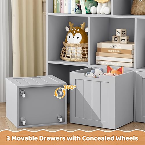 Miniatura 4 de FOTOSOK Toy Storage Organizer with 3 Movable Drawers, Floor Storage Cabinet Toy Organizer with Hidden Wheels and 5 Storage Cubbies, Multifunctional
