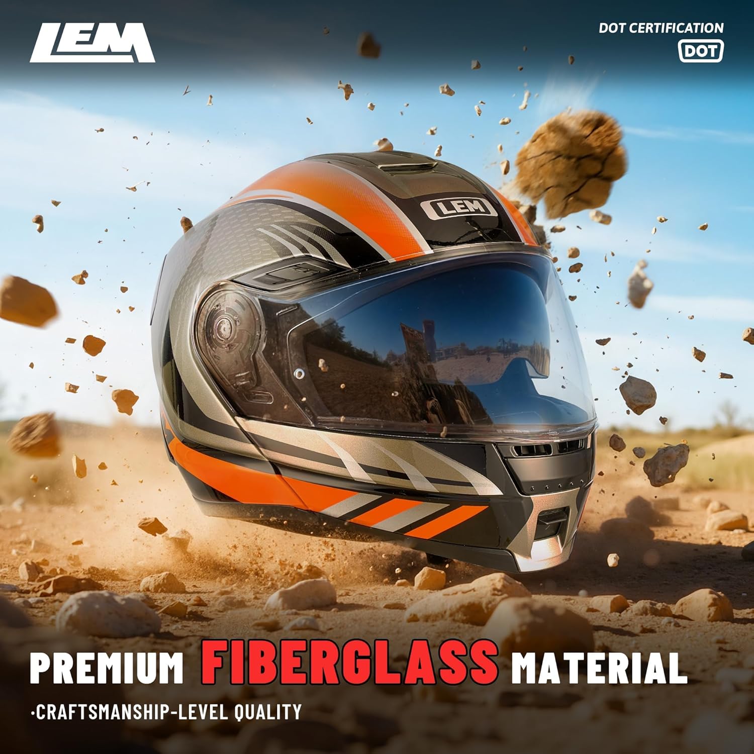 LEM Modular Motorcycle Helmets Fiberglass, Full Face Motorcycle Helmet Flip Up for Touring, DOT Certified, Release Sun Visor & Removable Comfort Liner, Lightweight Street Bike Helmet (Orange, L)