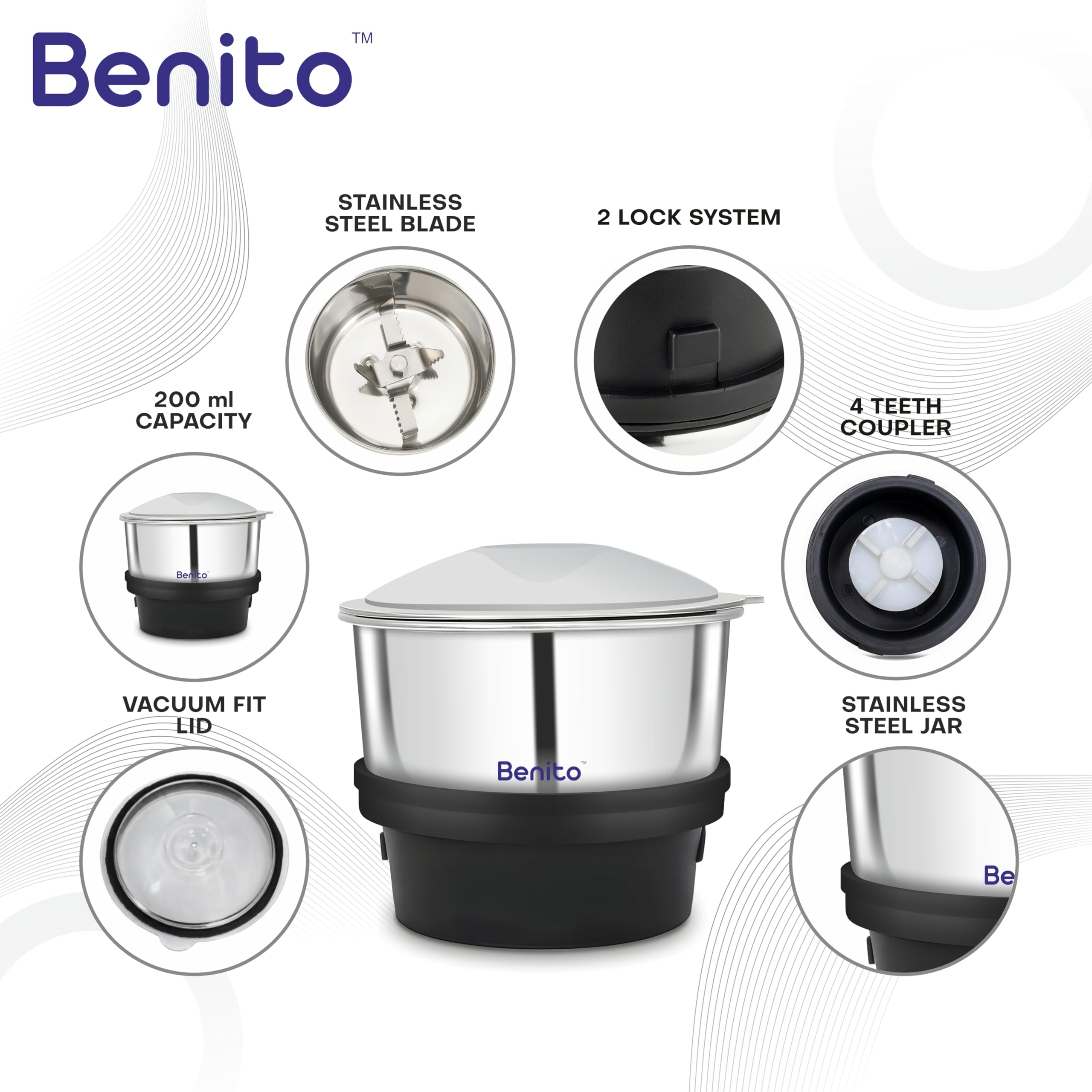Benito Mini ECO Stainless Steel Coffee & Chutney Grinder (200ml) for Mixer Grinder - Compatible with 4 teeth coupler & Dual locking System — Amazon image 6