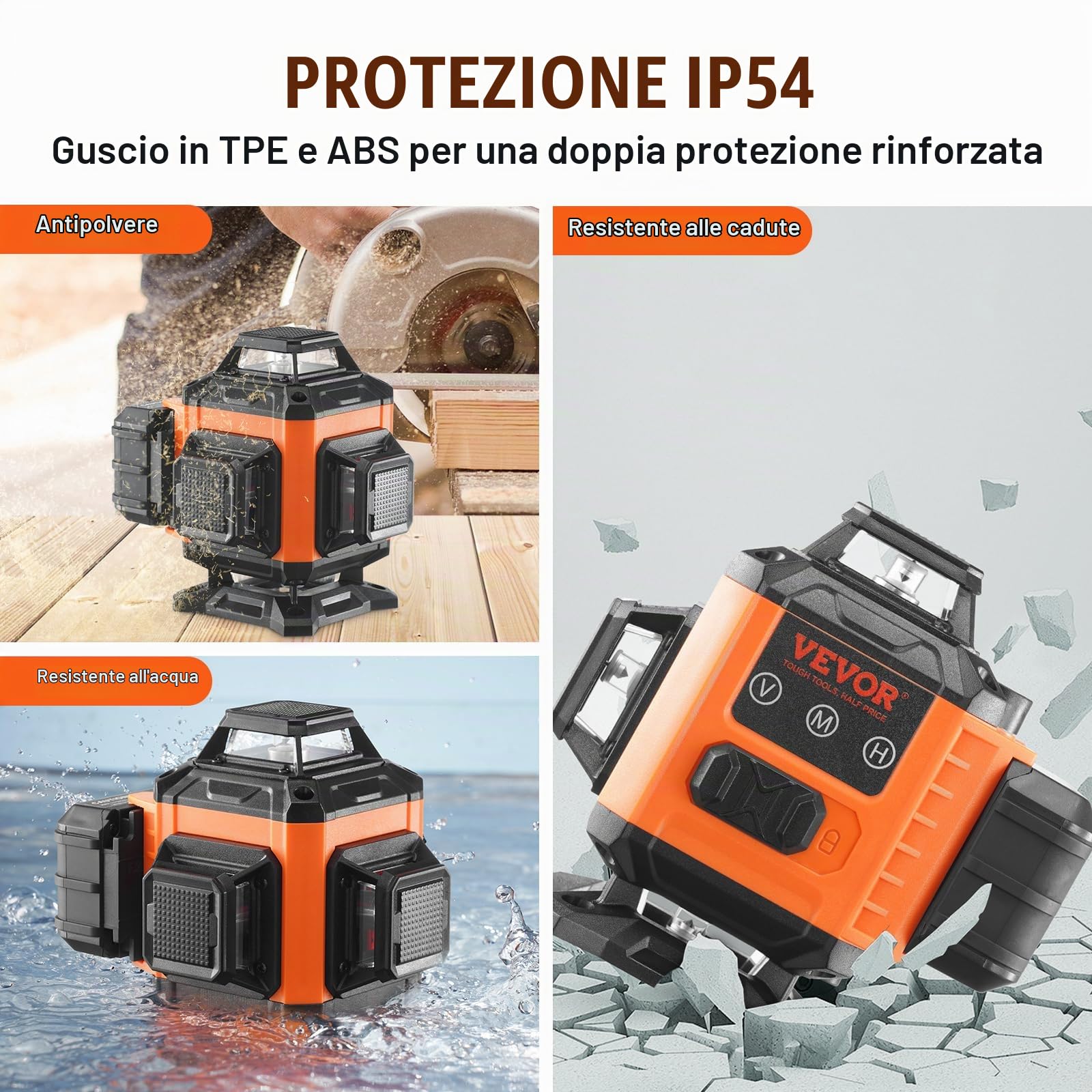 VEVOR Livella Laser Raggio max. 30m Livella Laser 360° x 4 Linee Trasversali Verdi Modalità Manuale Autolivellamento Lunghezza d'Onda Laser 520nm ± 10nm Precisione tra 0,28cm - 10m