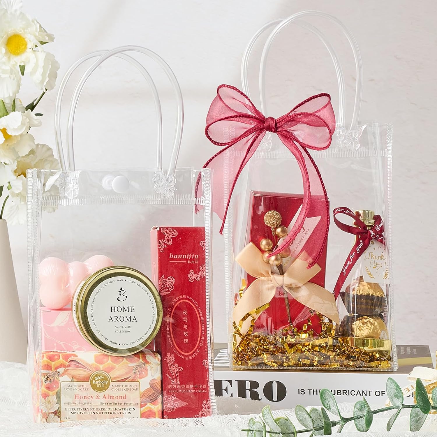 Jutieuo 24 Pack Clear Plastic Gift Bags with Handles, Reusable Transparent Party Favor Bags PVC Goodie Bags Bulk for Wedding, Baby Shower, Birthday (4.9 x 7.5 x 3.2)