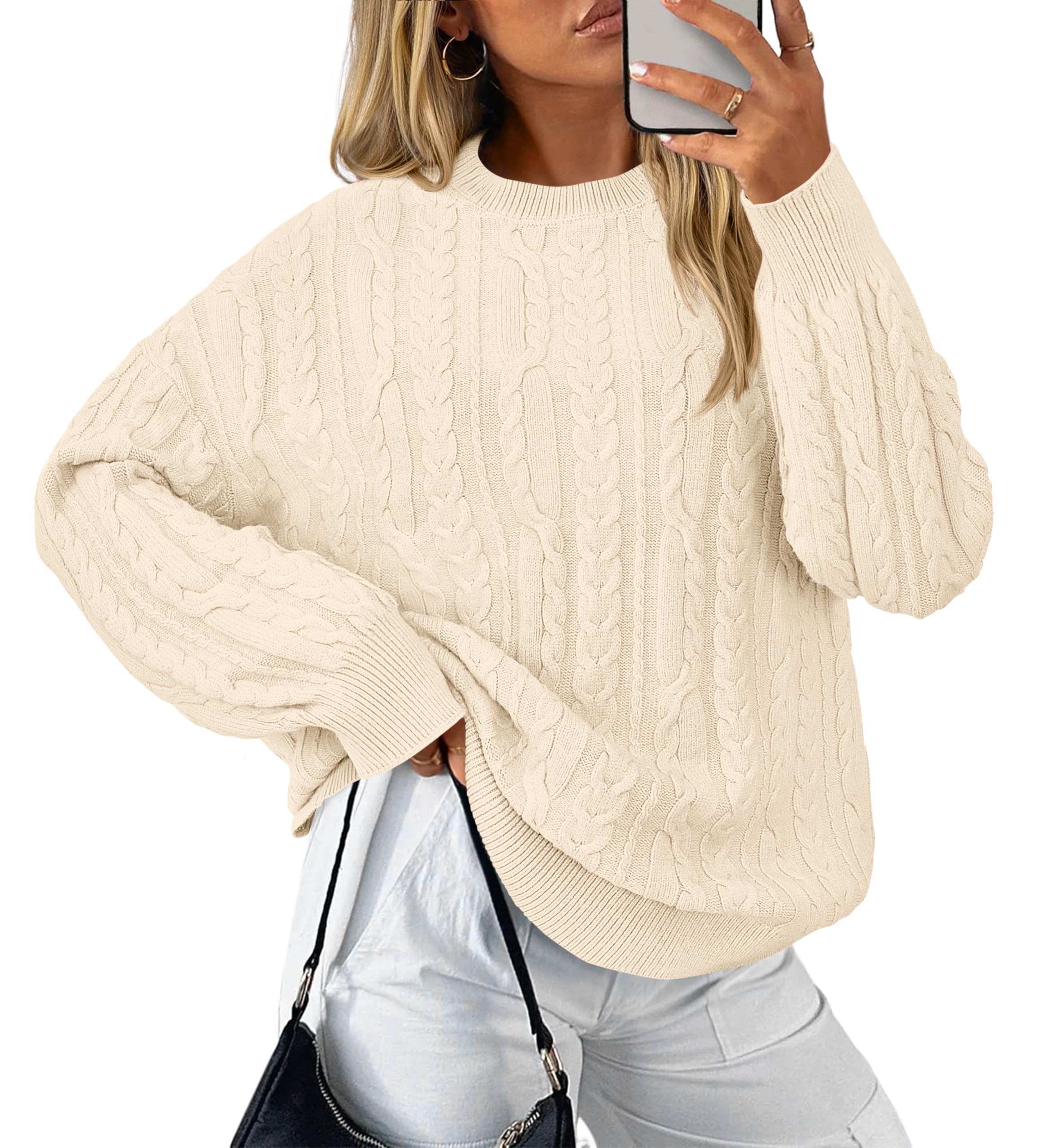 KIRUNDO Oversized Chunky Cable Knit Sweater Women 2026 Fall Fashion Cozy Long Sleeve Crewneck Pullover Winter Clothing