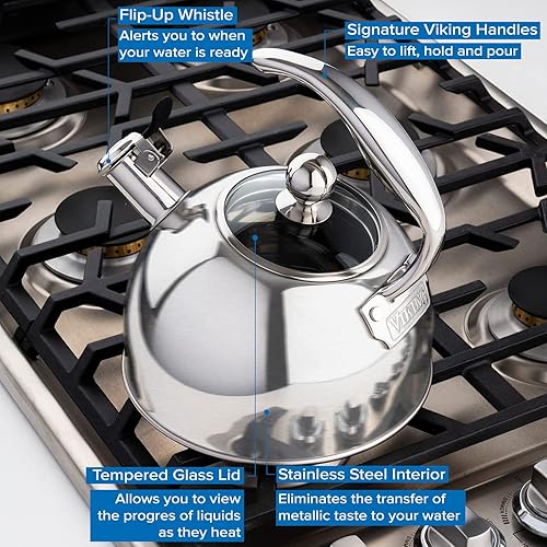 Miniatura 6 de Viking Culinary - Hervidor de té silbante de acero inoxidable de 3 capas, 2.6 cuartos de galón, incluye tapa de vidrio templado, mango ergonómico