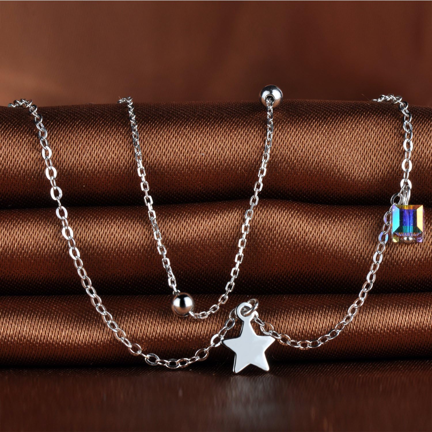 Infinite U Women's 925 Sterling Silver Simulated Pearls CZ Cube and Star Beaded Double Chain Strand Adjustable Link Bracelets image 2