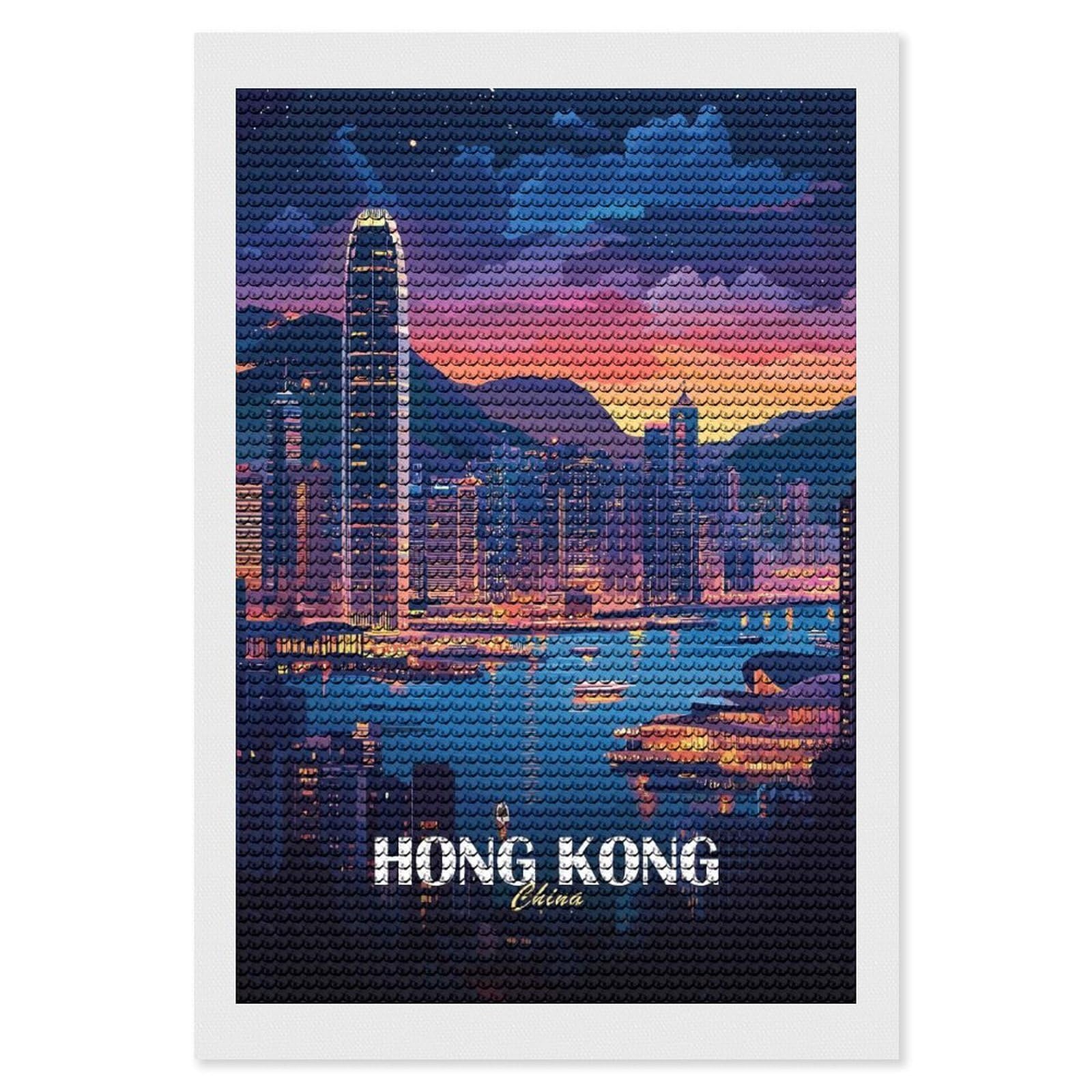 Junmoney Hong Kong Cityscape at Dusk Diamond Painting Canvas Set 8"x12", for Adults, Decorate Your Room, Festive Craft Gift, Office Decor