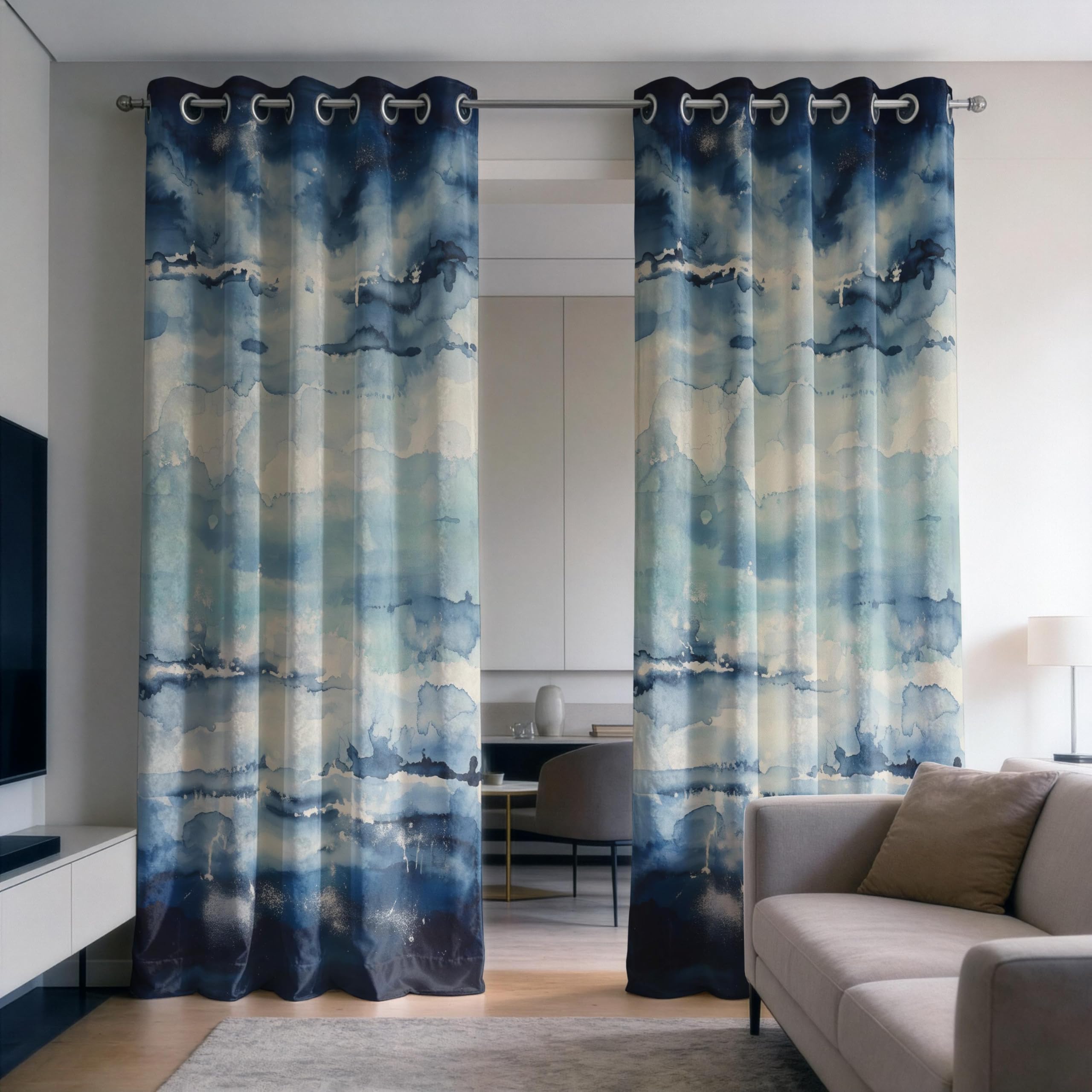 IKDZCM Ocean Wave Blackout Curtains for Bedroom, Watercolor Blue Drapes, Coastal Abstract Sea Window Panels for Living Room(WxH/2x100x270cm)