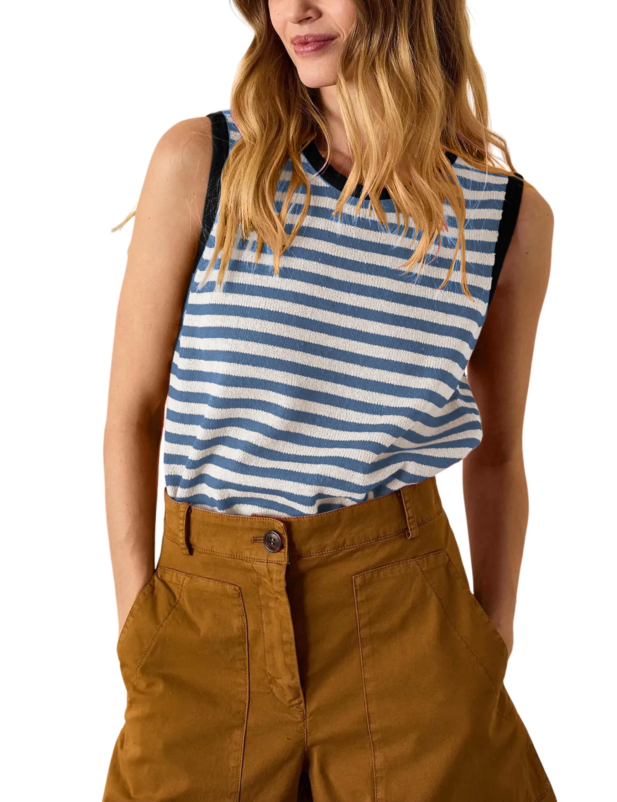 Hongsui Women's Striped Color Block Sweater Vest Ribbed Knit Tank Tops Oversized Crewneck Pullover
