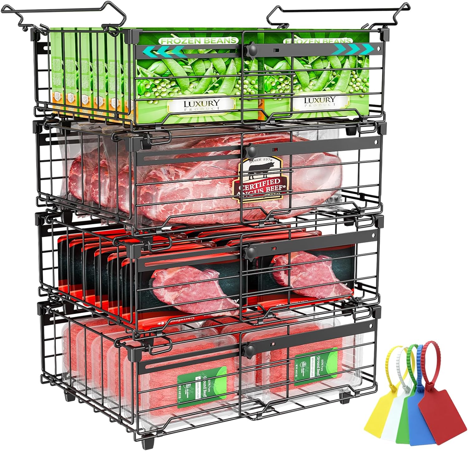 OPENICE Deep Freezer Organizer Bins, Expandable from 11.0" to 17.0" Stackable Freezer Baskets for Chest Freezer with 5 Tags, Bins for Chest Freezer Organization - 4 PCS, White