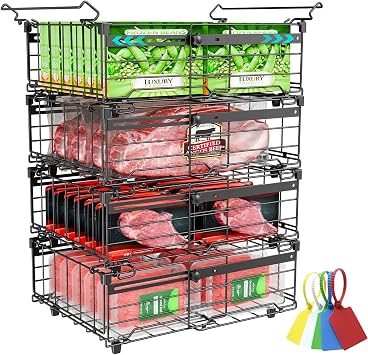OPENICE Expandable Freezer Organizer Bins for Deep Freezer 4 PCS, Black | Stackable Bins for Chest Freezer Organization | with 5 Tags for Efficient Classification | Fits 10 to 20 Cu.Ft Freezer