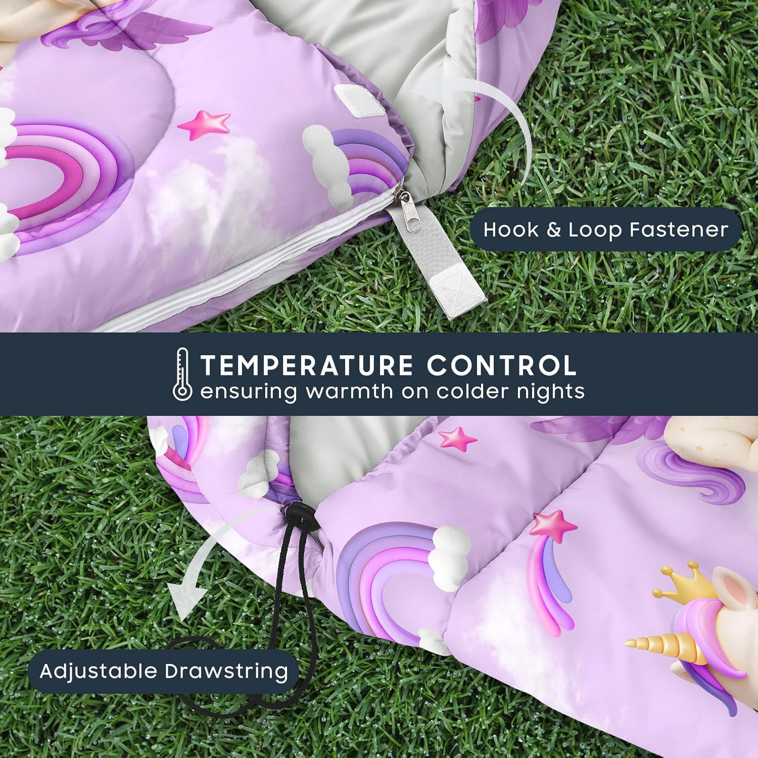 Wake In Cloud - Kids Sleeping Bag for Girls Toddlers, Camping in Warm Cold Weather, Backpacking Lightweight Compact Outdoor Liner for 3 Seasons, 3D Winged Unicorns