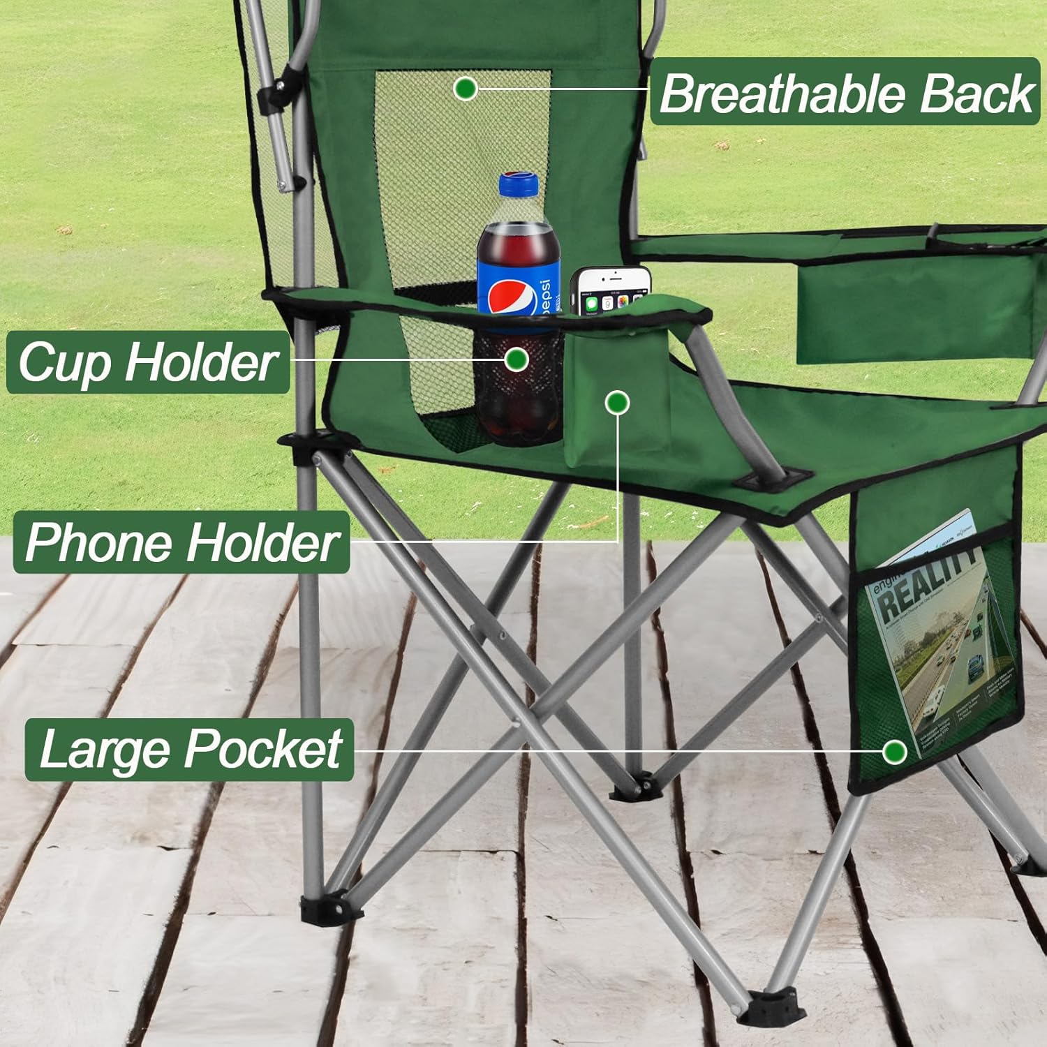 ptlsy Folding Camping Chair with Canopy, Beach Chair with Canopy Shade with Cup Holders, Cooler Bag for Camping, Fishing, Beach, Sports and Concert (Green)