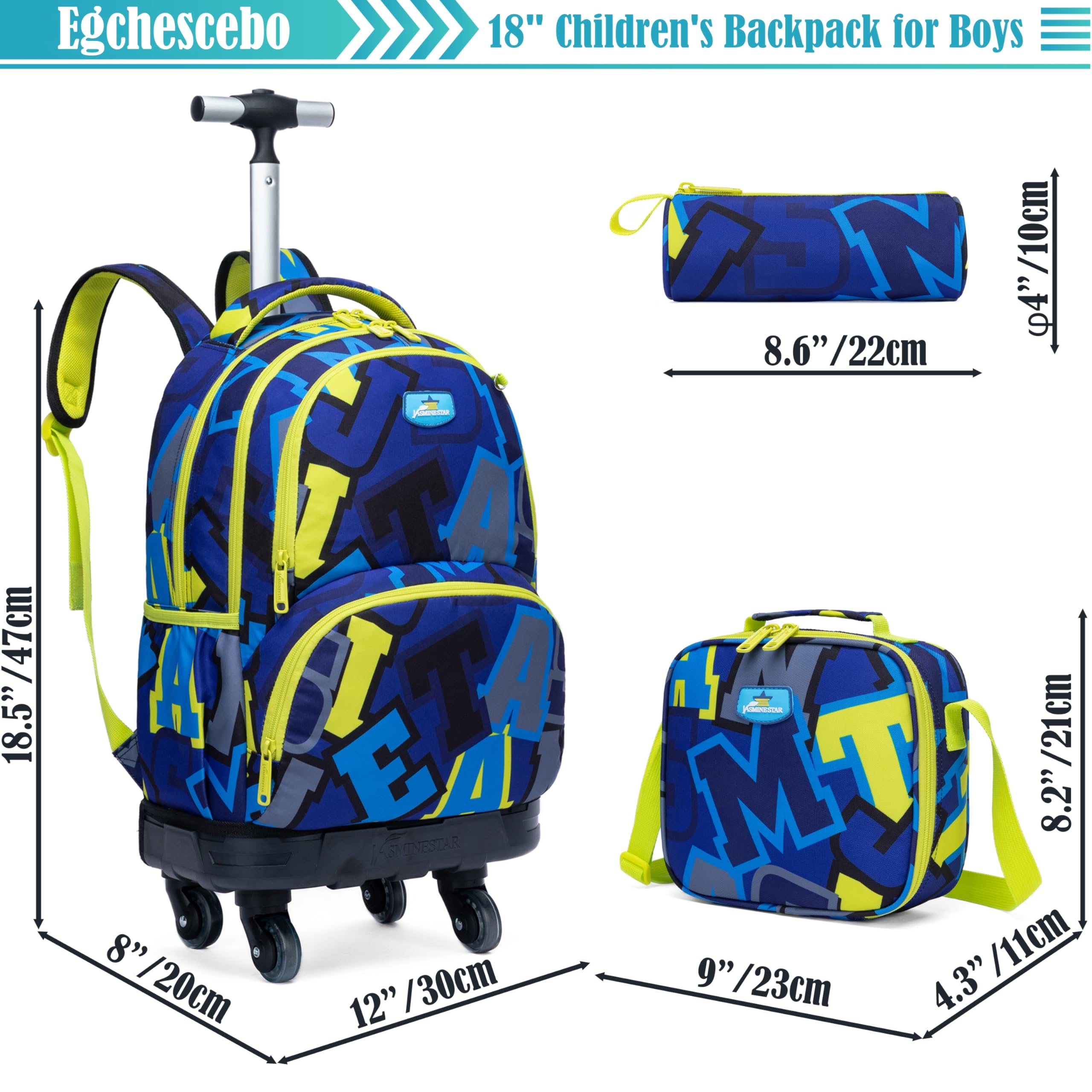 Mochilas Escolares con Ruedas Carro Niño Rodillos Giratorios Carrito para Escolar Bolso de Viaje Estuche Stitch Chicos 17" 3PCS Maleta Colegio Grande Infantil Niños Alfabeto Amarillo