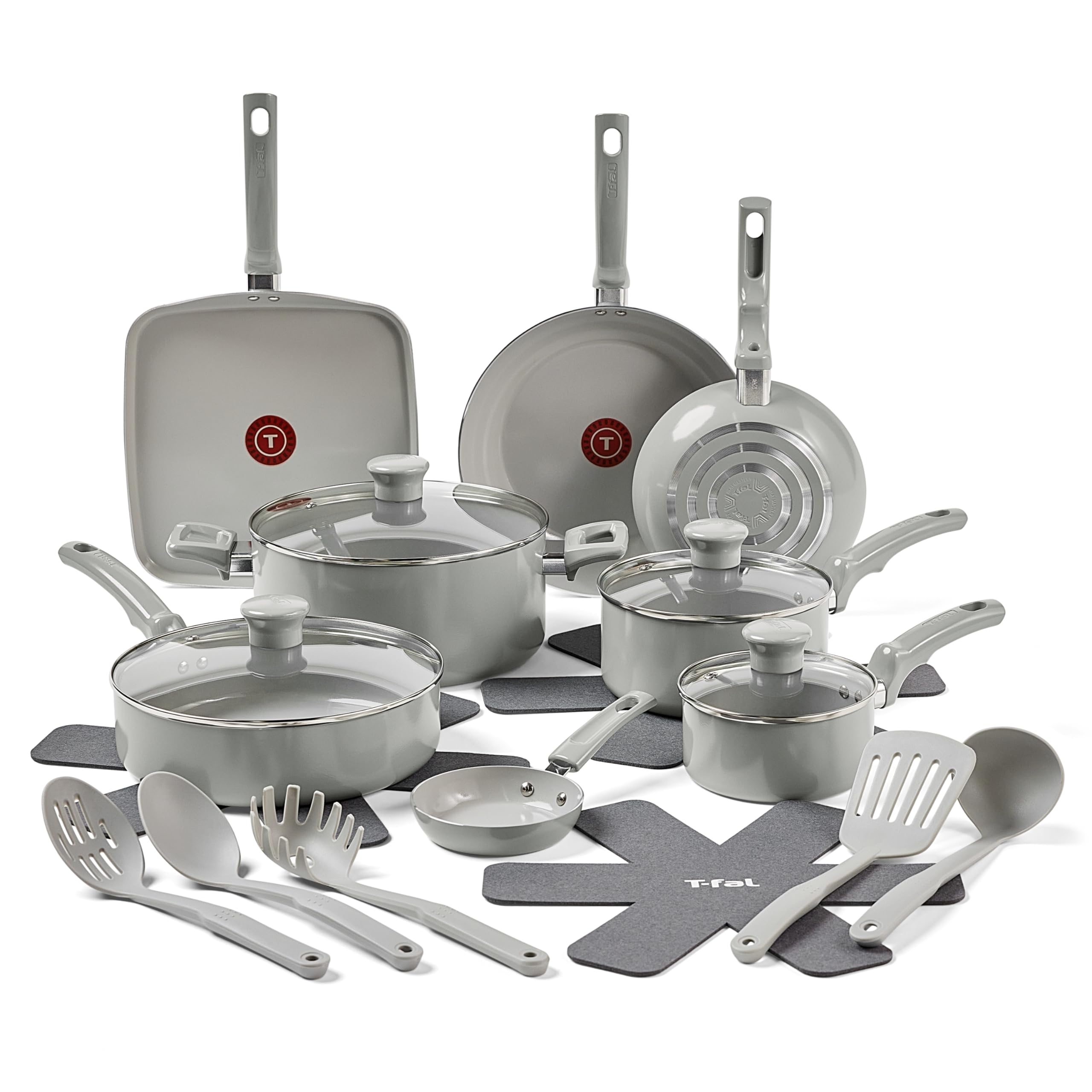 T-Fal Refresh Ceramic Pots and Pans Set, 20-Piece Nonstick Cookware Set, Stockpot, Griddle, Frying Pans, Utensils, Moon Grey