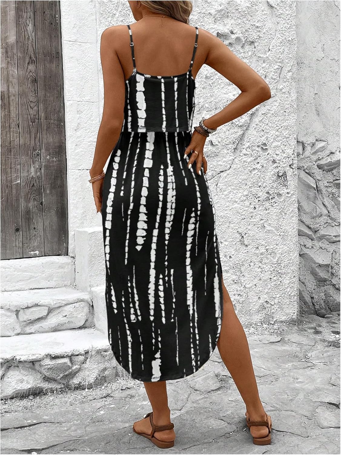 Women's Spaghetti Strap Tie Dye Cami Sun Dress Scoop Neck Split Thigh Beach Midi Dresses Knot Front Vacation Outfit - Image 2