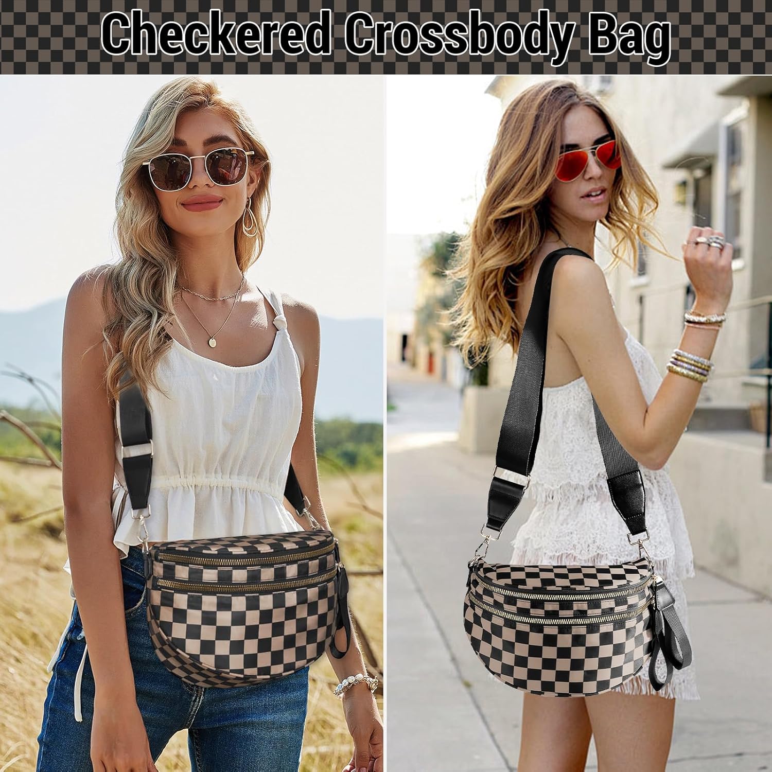 Checkered Crossbody Bag Bum Bags for Women Nylon Checkered Purse Large Fanny Packs Sling Bag Handbag Cross Body Bags - Image 6