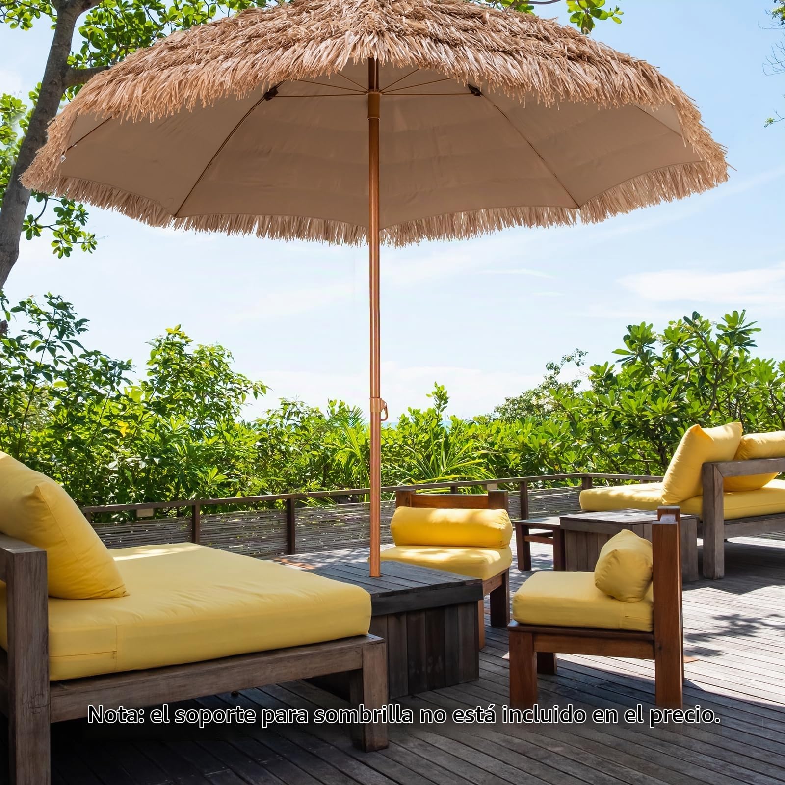 KOMFOTTEU Sombrilla Hawaiana de Paja PP Ø 205 cm de Playa | Parasol Portátil con Botón de Presión y 8 Varillas de Metal, para Jardín, Balcón, Terraza, Natural