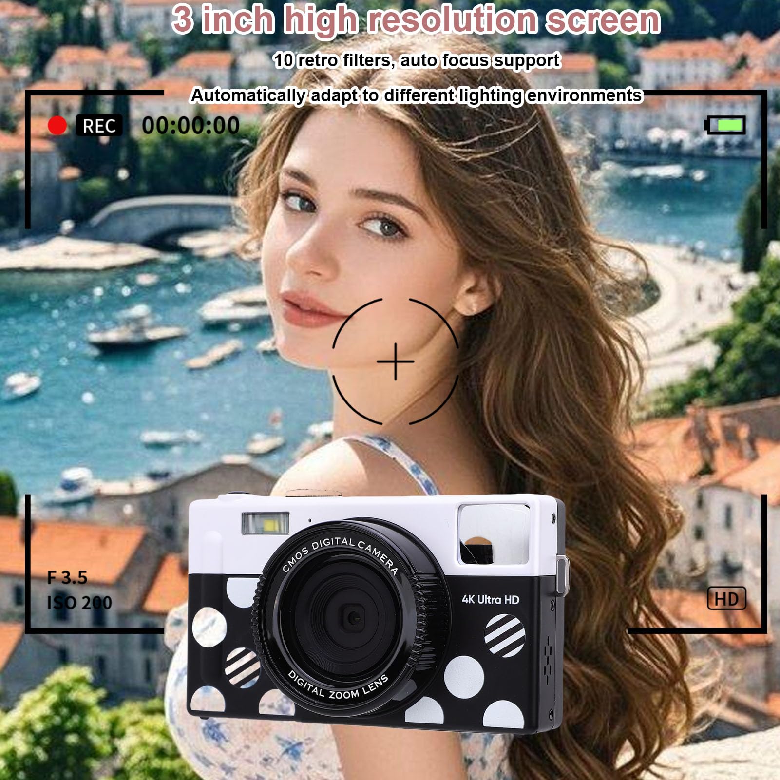 ASHATA Videocamera per Fotocamera Digitale da 64 MP per Fotografia, Videocamere per Riprese, 10 Filtri, Torcia Anteriore, Autofocus, Touch Screen da 3 ", Digicam Vlog per Principianti (nero bianco)