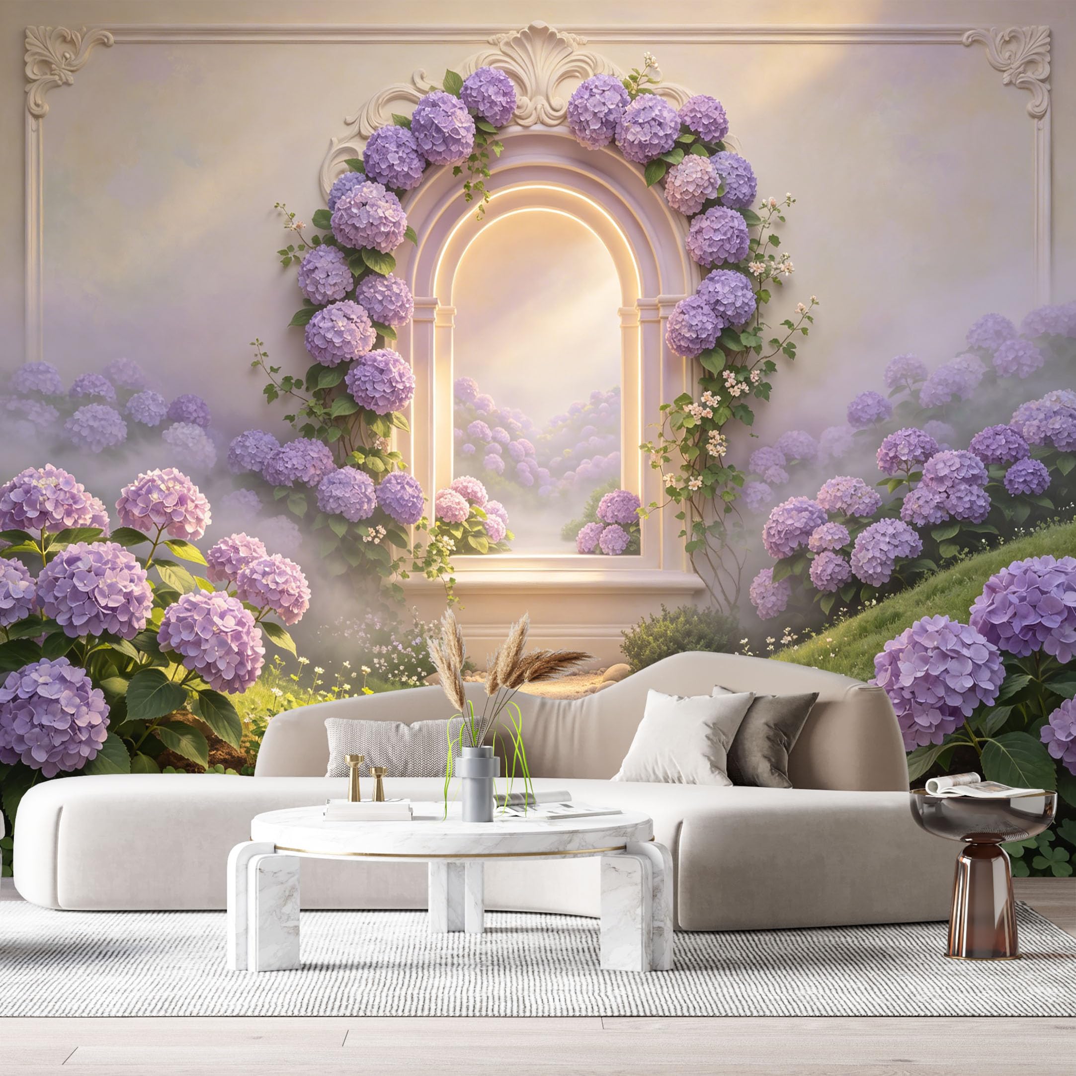 Custom Size Wall Murals Purple Hydrangea Flower Archway Landscape 3D Trompe L'Oeil SelfAdhesiveWall Fabric Removable Wallpaper Wall Decor for Living Room Bedroom Bathroom