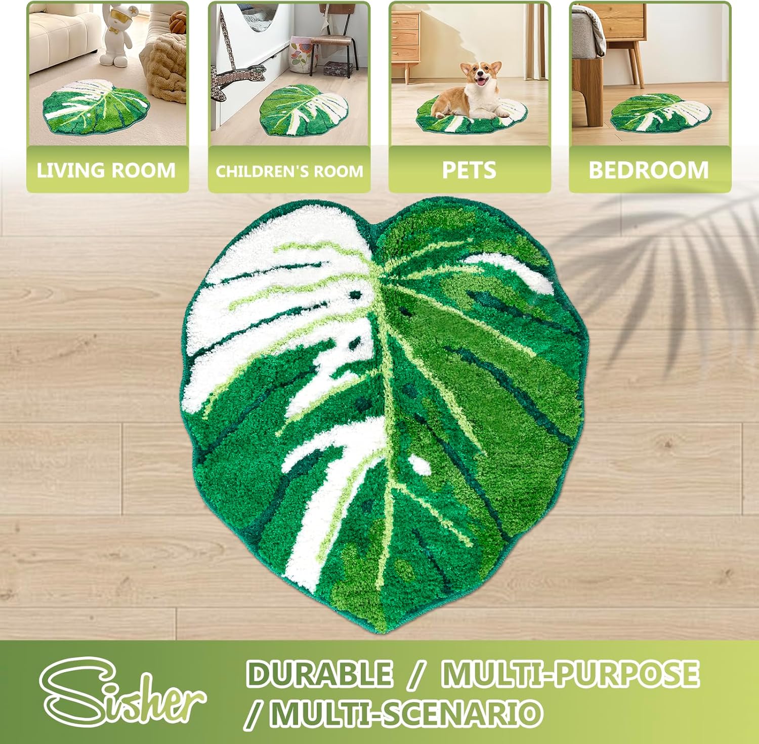 Sisher Green Leaf Bathroom Mat Large Monstera Rug Kids Rug Green Leaf Area Mat Non Slip Comfortable Carpet for Bedroom Bathroom Children Playroom 41"X39"
