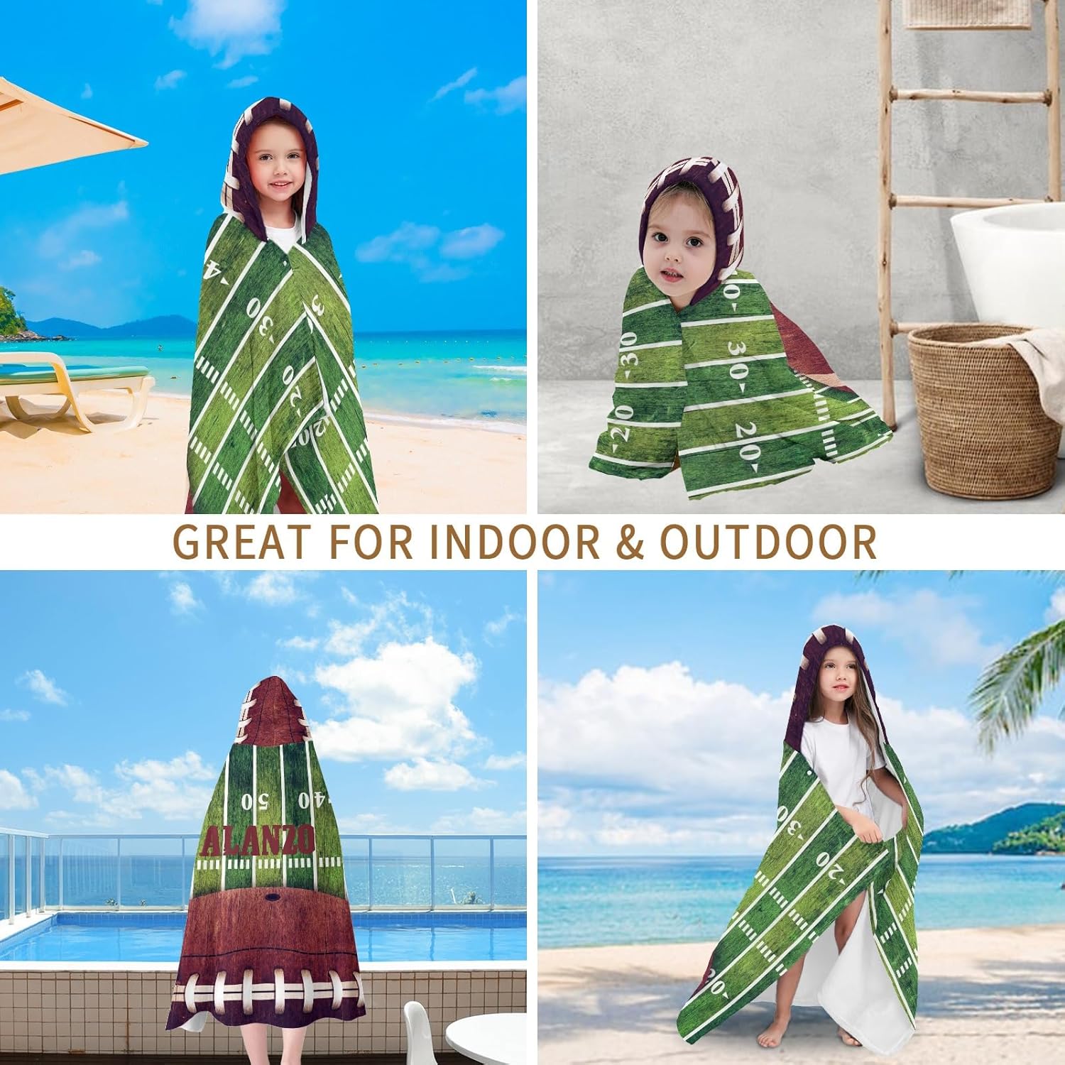 Hooded Towels for Kids 3-10 Yrs Retro American Football Field Kids Bath Towels Hooded Beach Towel Wrap Bathrobe Blanket Boys Gift for Shower