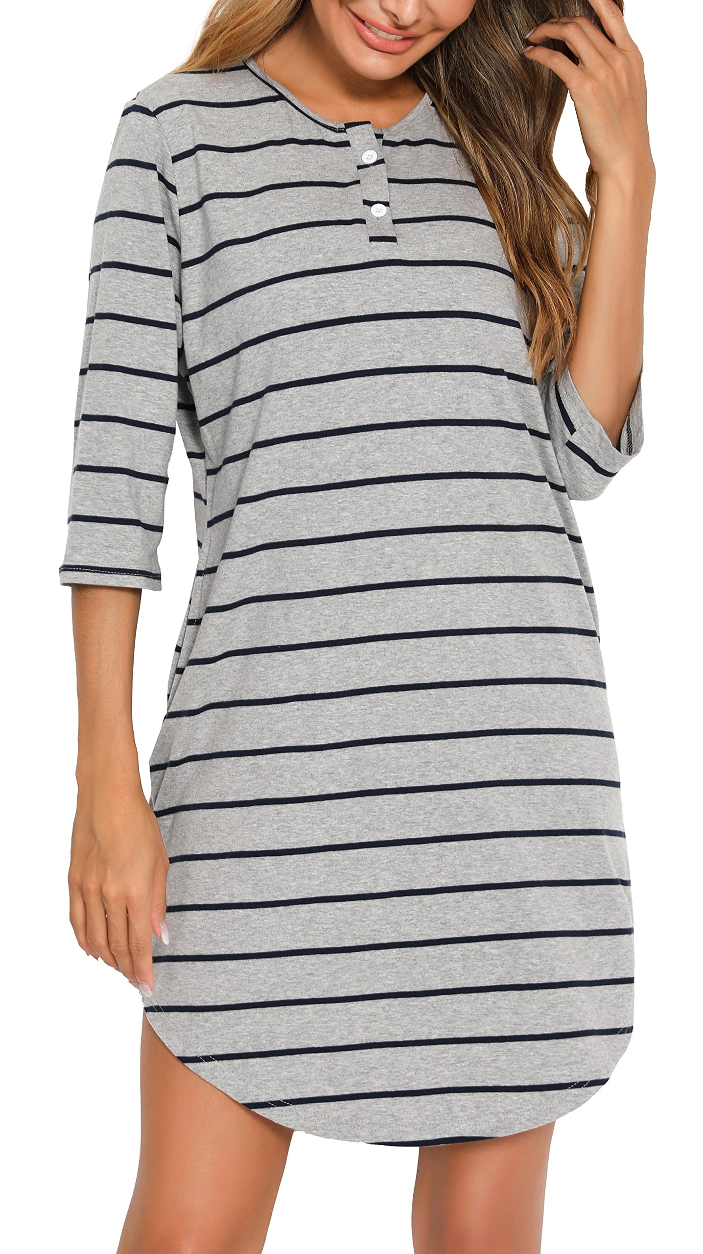 Vlazom Camisones de Mujer Algodon Camisón Mujer Verano Manga 3/4 Camisola Mujer Dormir con Bolsillos S-XXL