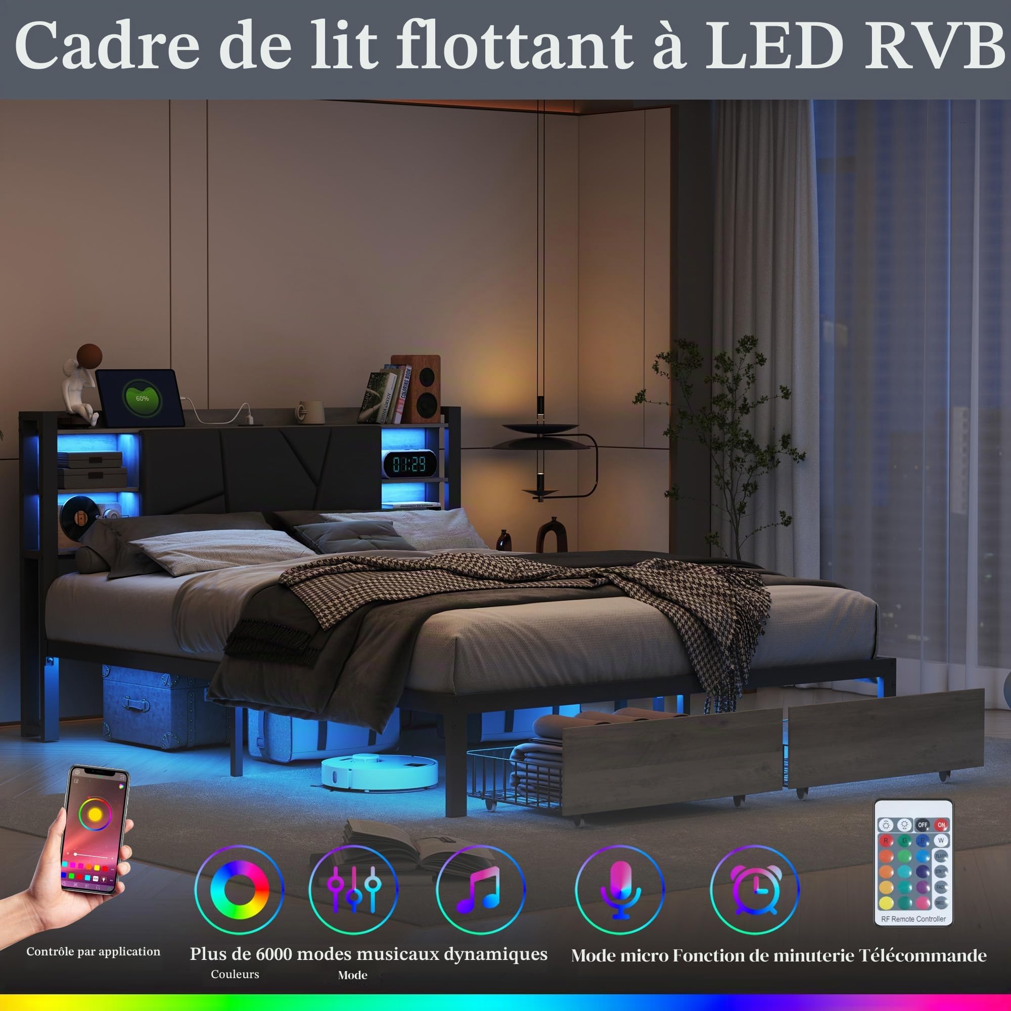 KeepGoon Lit en Bois de Fer 160 x 200 cm, Table de Chevet avec Barre Lumineuse et Port USB, Double tiroirs au Bout du lit, Lit Double Dossier rembourré, tête de lit avec Compartiment de Rangement, PU