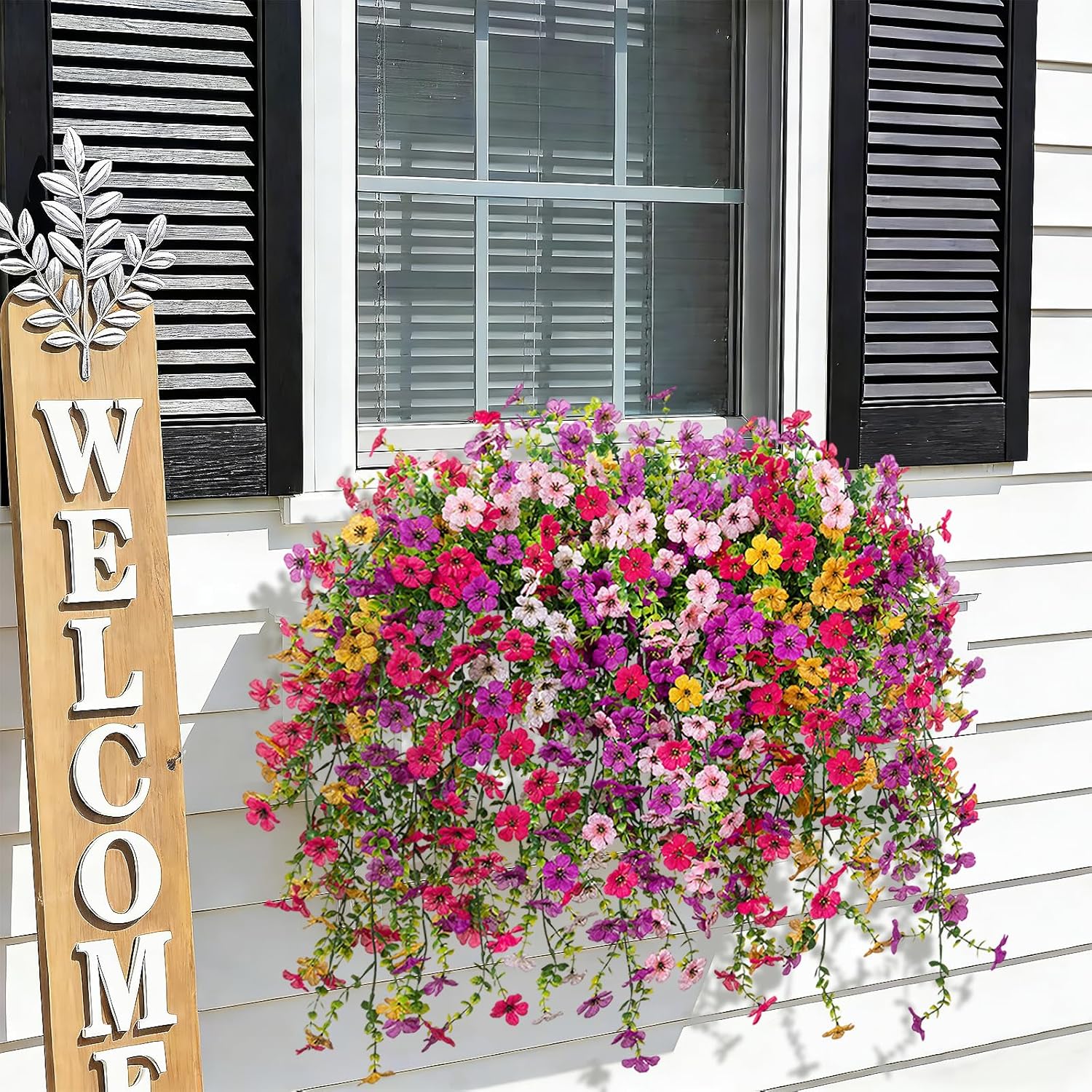 8PCS Artificial Hanging Fake Flowers for Outdoor Decoration Faux Silk Flowers Plants for Outdoor Outside Planter UV Resistant Daisy with Eucalyptus Leaves, Porch Front Door Patio Balcony Yard Décor