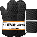 HOMWE Silicone Oven Mitts and Pot Holders, 4-Piece Set, Heavy Duty Cooking Gloves, Kitchen Counter Safe Trivet Mats, Advanced Heat Resistance, Slip-Resistant Textured Grip, Black Black Oven Mitts & Trivets Set