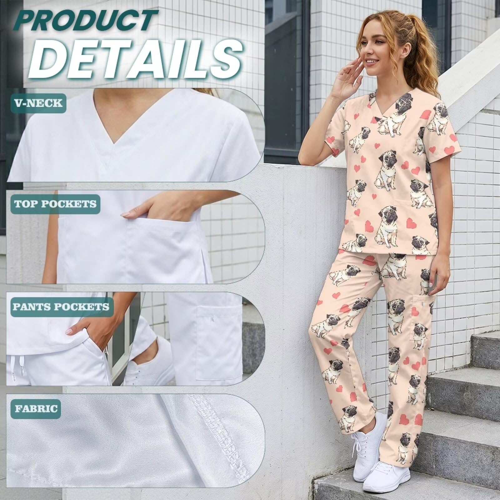 Damskie peelingi z uroczym nadrukiem slim fit Scrub topy i 6 kieszeni spodnie do szorowania na akcesoria do asystentów dentystycznych