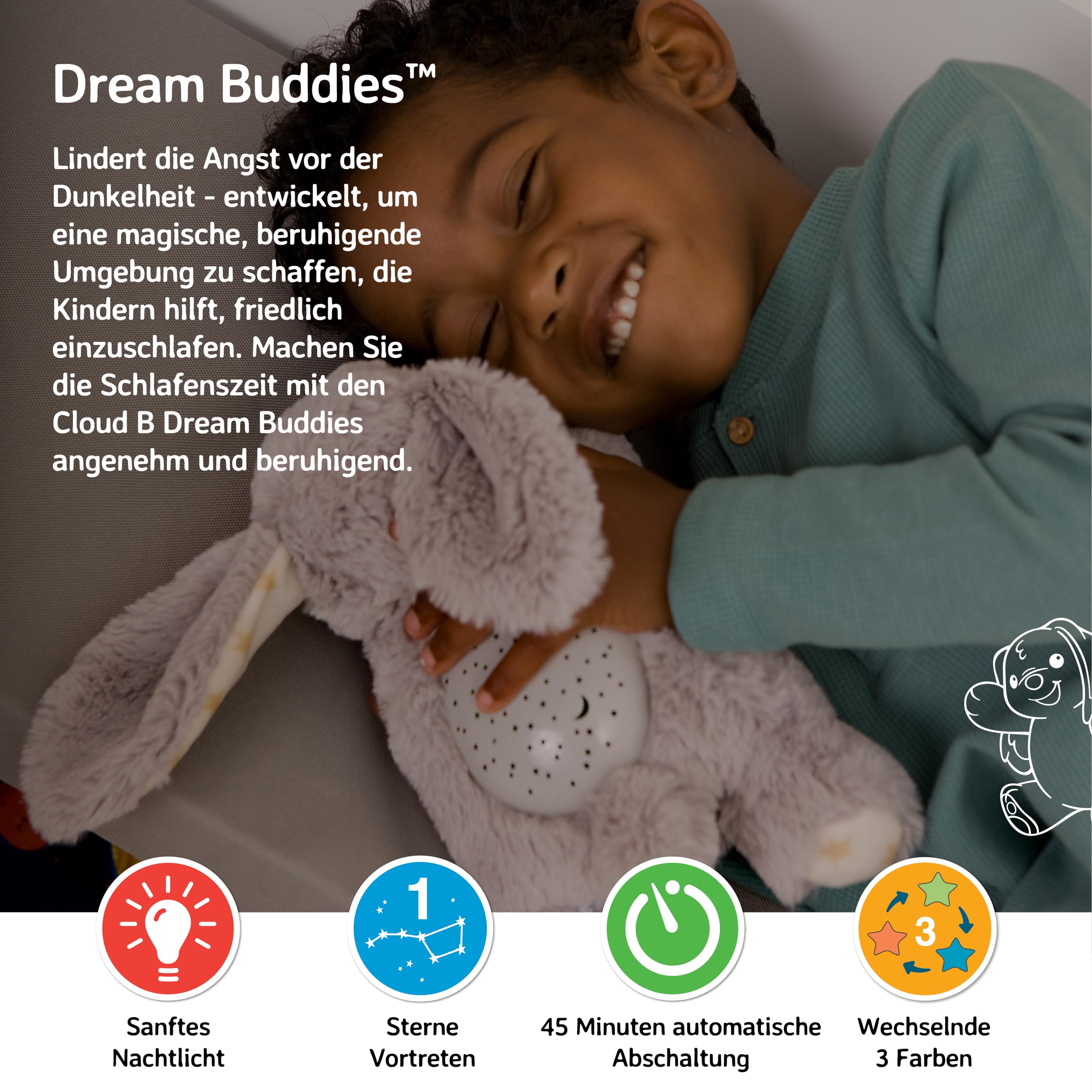 Cloud b Baby Nachtlicht Projektor & Beruhigende Schlafhilfe für Kleinkinder | Kuscheltier Sternenprojektor & Nachtlicht für Kinder | Automatische Abschaltung | Tragbares Schlaflicht | Benny der Hase