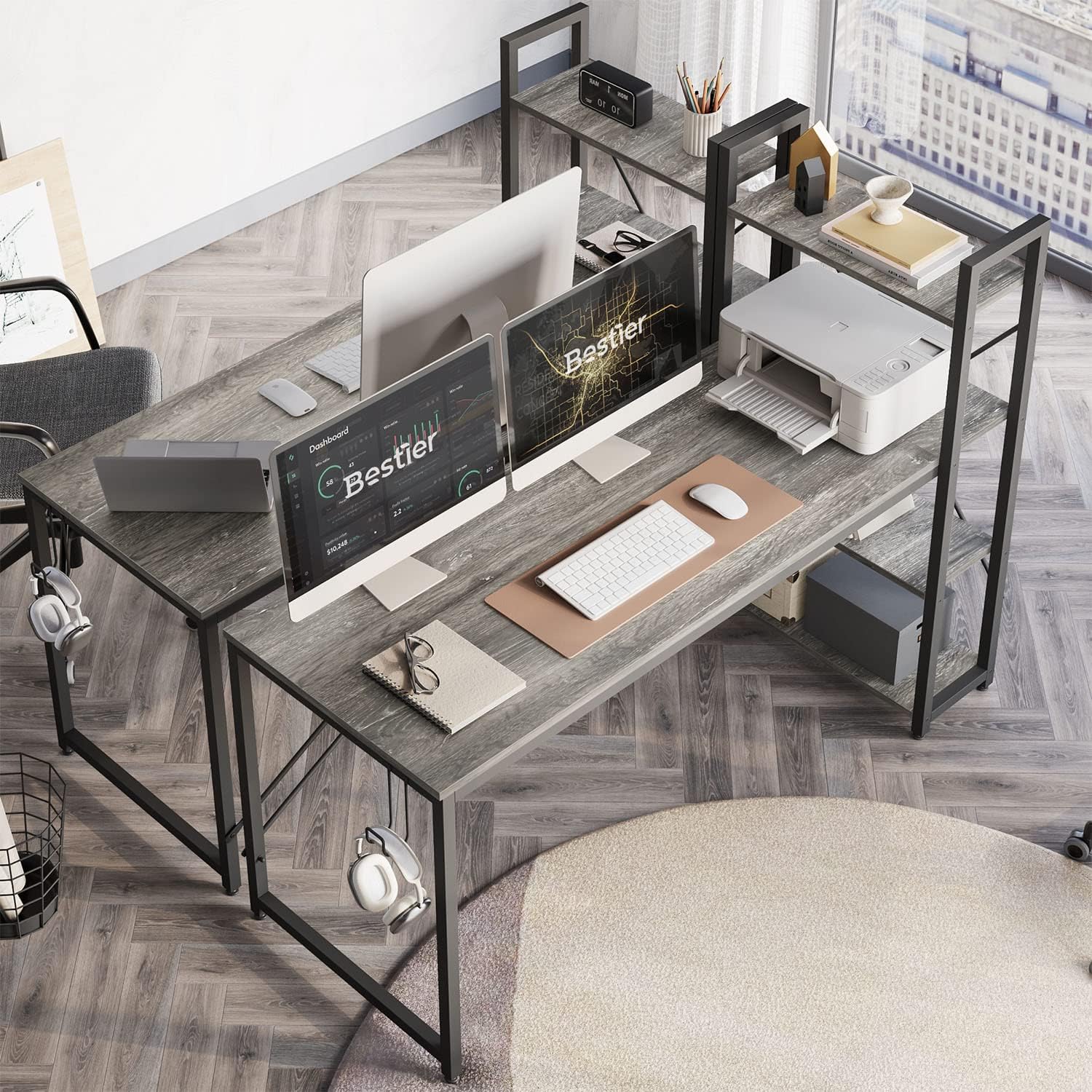 Bestier Computer Desk 63 Inch with Storage Shelves Large Writing Desk with Bookshelf Reversible PC Study Table with Headphone Hook for Home Office, Gray : Home & Kitchen