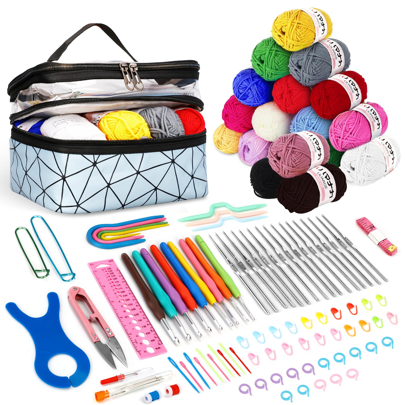 WUSUPU Uncinetto Set,105 pezzi Kit Uncinetto Principianti,set di uncinetti con 18 lana,Kit Principianti,accessori all'uncinetto,uncinetti ergonomici con manico morbido e ago in metallo, 2,0 – 10 mm