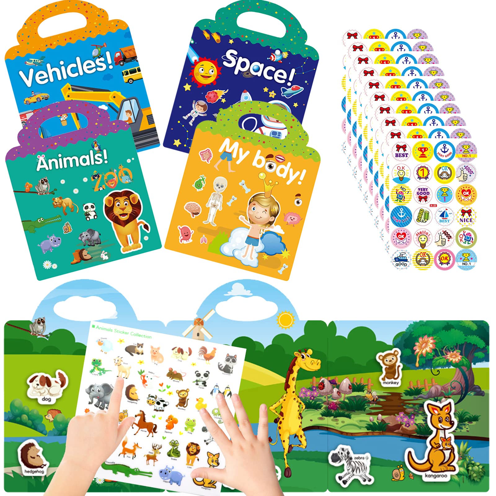 4 Pack Reusable Sticker Books and 10 Well Done Stickers Sheet for Kids,Sticker Books Clear Animal Sticker Book Set for Girls Boys Birthday Gifts