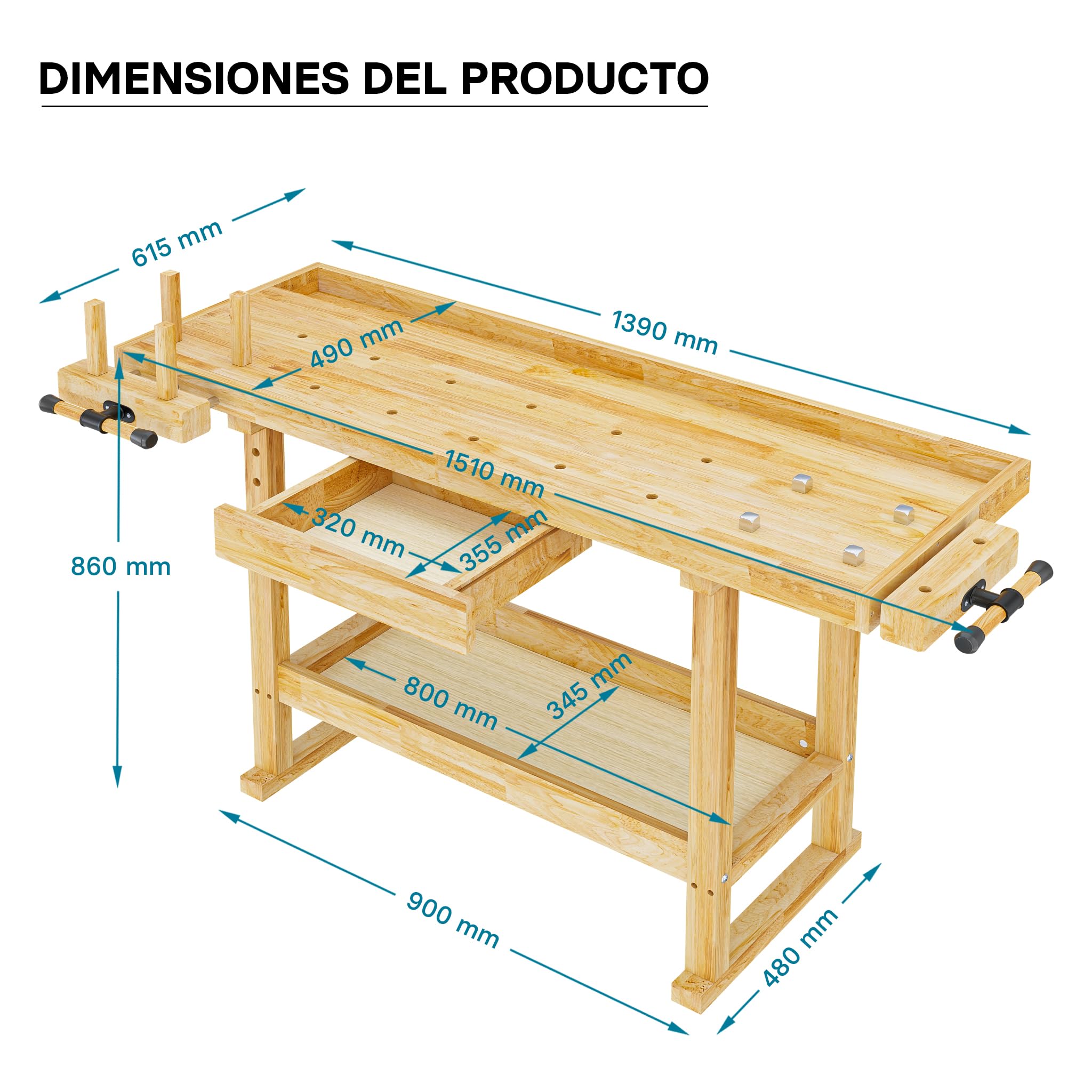 Wiltec Banco de Carpintero 151 x 61,5 x 86 cm Mesa de Trabajo de Madera 150 kg con cajón, Estante y Pinzas de sujeción, Ideal para Trabajos de carpintería, Bricolaje y Taller