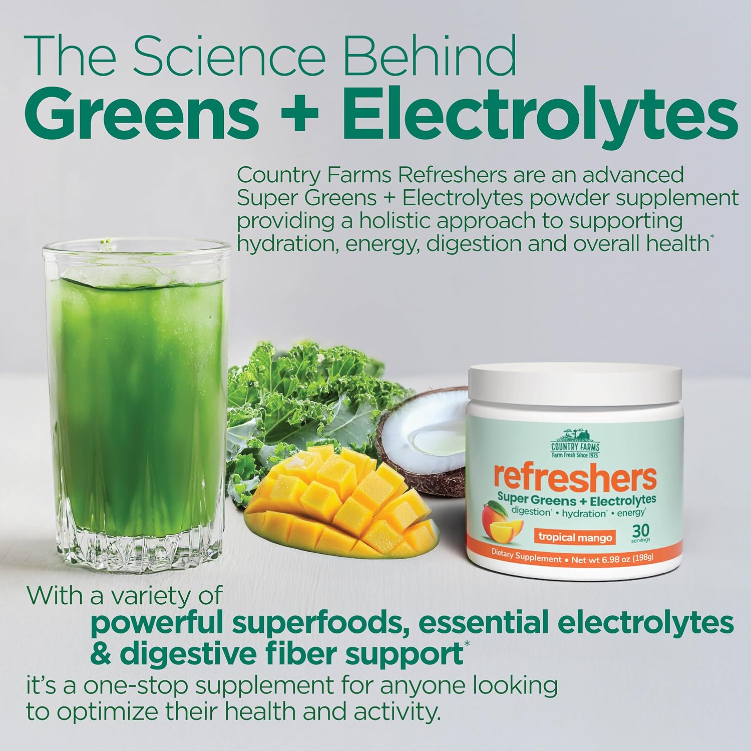 Country Farms Refreshers, Super Greens and Electrolytes, Essential Minerals and Superfoods, Hydration Support, Promotes Natural Energy, with Fiber, Tropical Mango, 30 Servings image 5