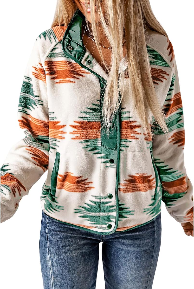 Womens Fleece Jacket Western Aztec Print Snap Button Down Warm Coats | cozy fuzzy sherpa jacket with pockets, stand collar, relaxed cropped fit for fall & winter outfits