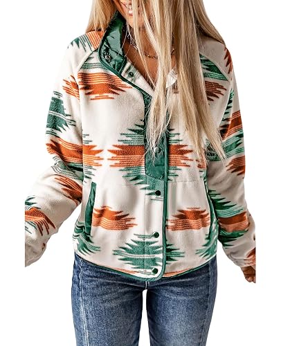 SELINK Womens Fleece Jacket Western Aztec Print Long Sleeve Snap Button Down Shacket Jackets with Pockets