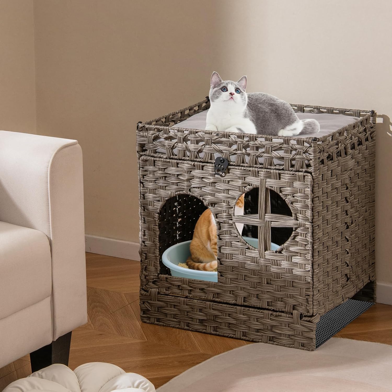 Tangkula Foldable Rattan Cat Litter Box Enclosure, Hidden Litter Box with Litter Mat, 2 Tier Wicker Cat Condo with Flip-Down Door & Window, Elevated Top Bed with Removable Cushion, Indoor Pet House