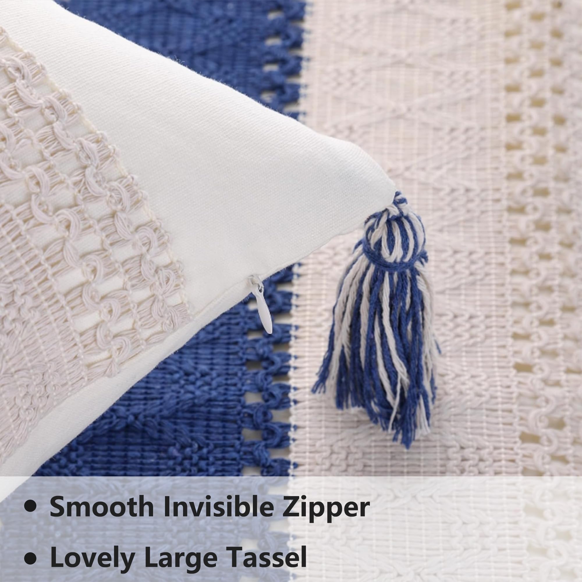 Tosleo Set di 2 federe per cuscini in stile bohémien, 50,8 x 50,8 cm, con nappe, blu navy, a righe neutre, con accento strutturato, moderno, per cuscini decorativi in stile bohémien