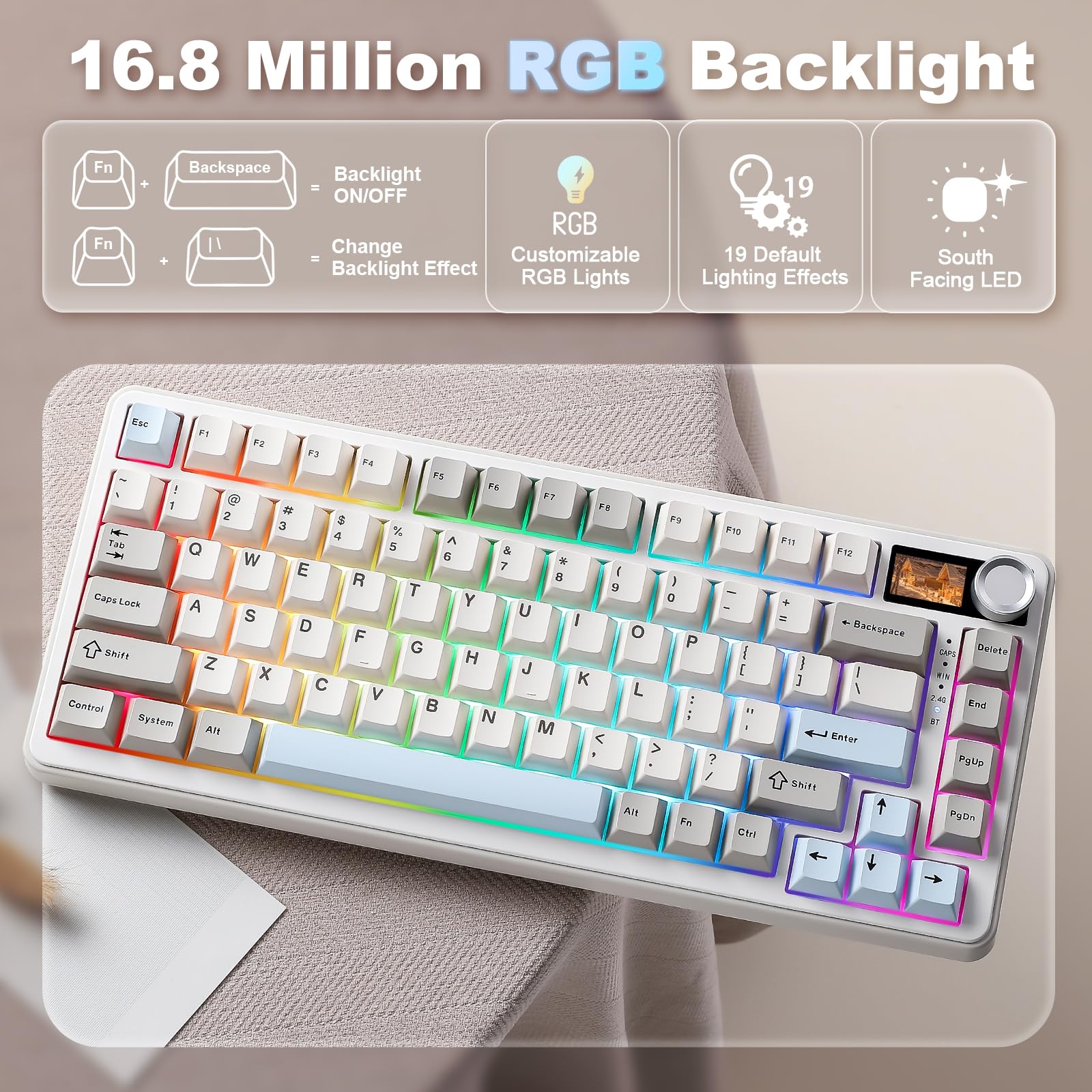 YUNZII B75 PRO MAX QMK/VIA Gaming-Tastatur, 75% Mechanische Tastatur mit Bildschirm und Drehregler,Hot-Swap,Vorgefettete Creamy Switches, RGB, BT/Type-C/2.4G für Win/Mac (Beige, Candy Switch)
